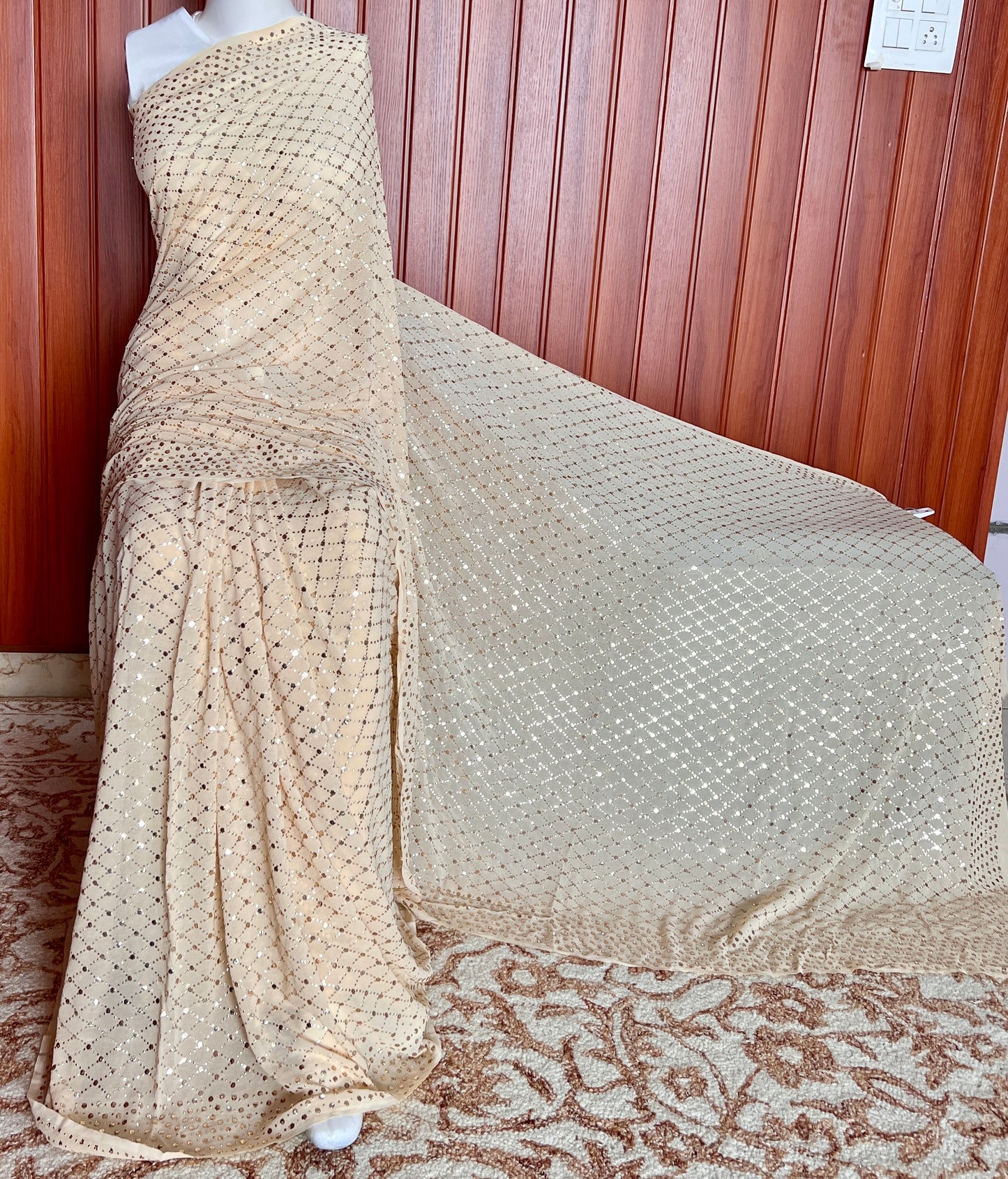 Ruhani Champagne designer mukaish work saree