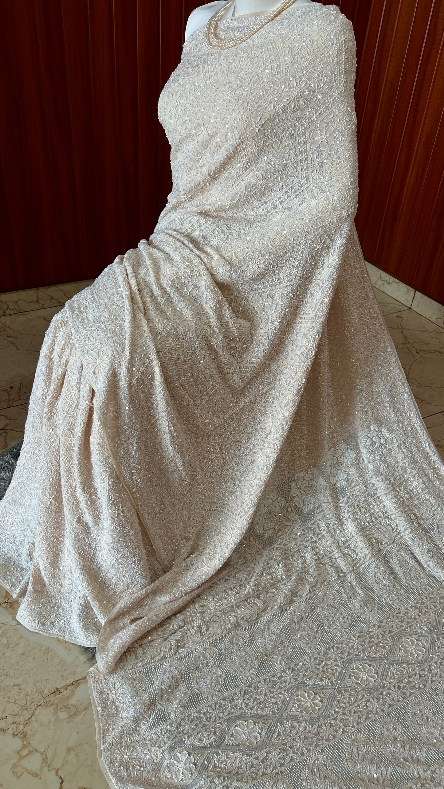 Ruhani Champagne Chikankari Cut Dana and Sequins Saree