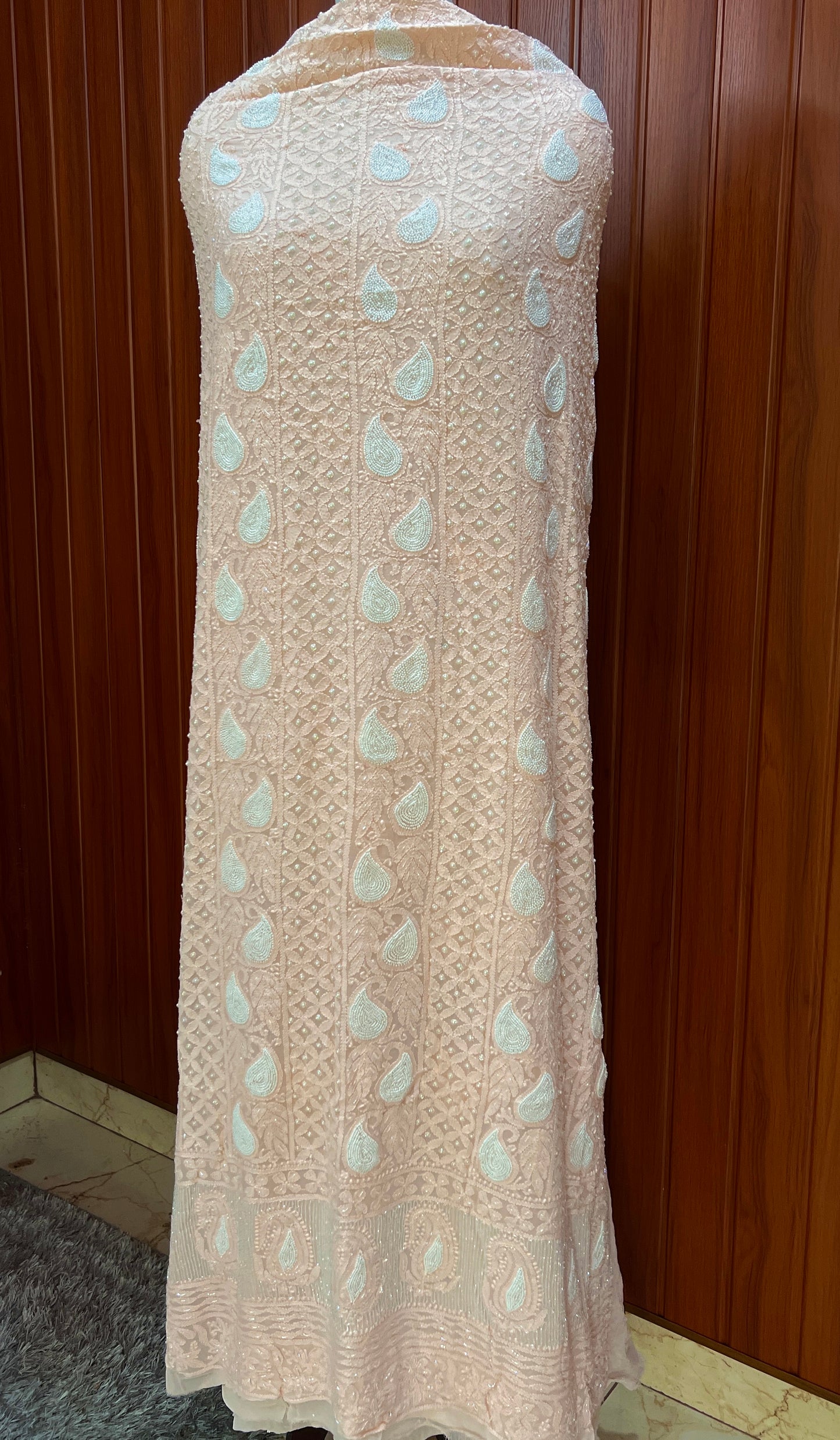 Soft peach Chikankari Pearl and Cut Dana Kurta and Dupatta