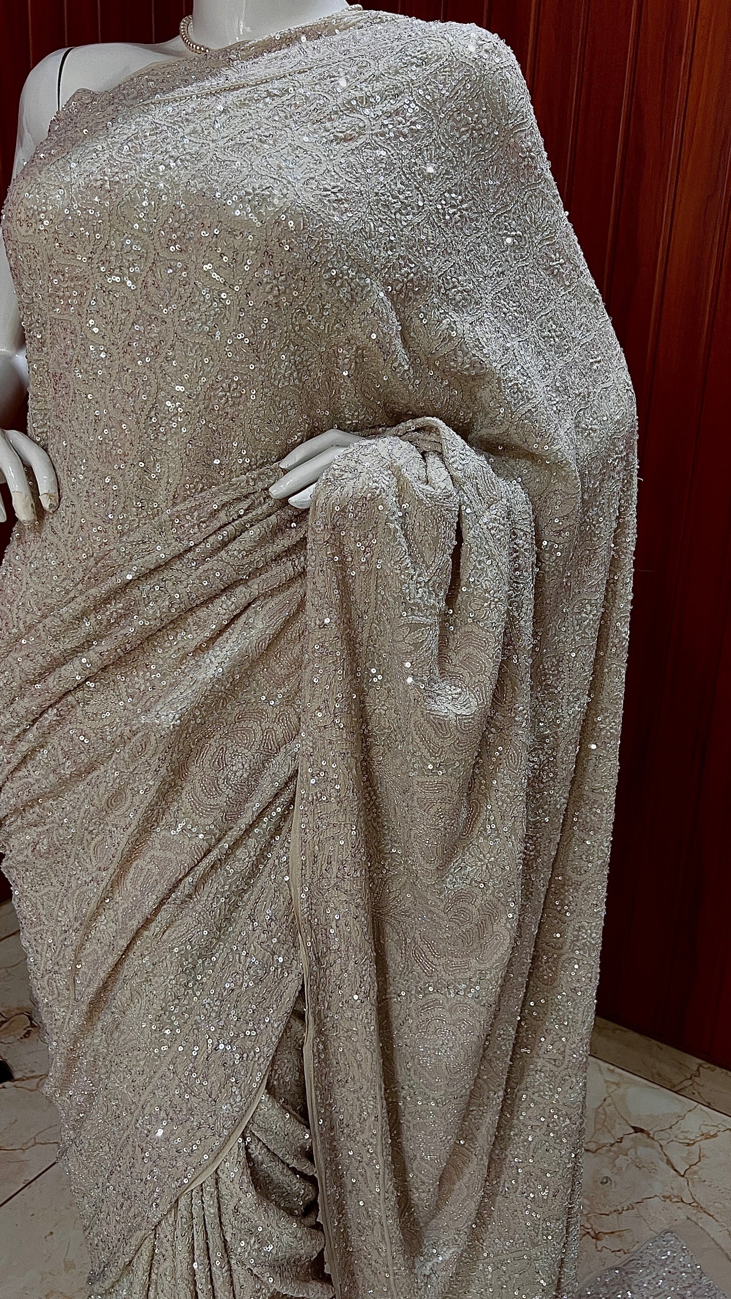Ruhani Champagne Masterpiece Chikankari and heavy Sequins Saree
