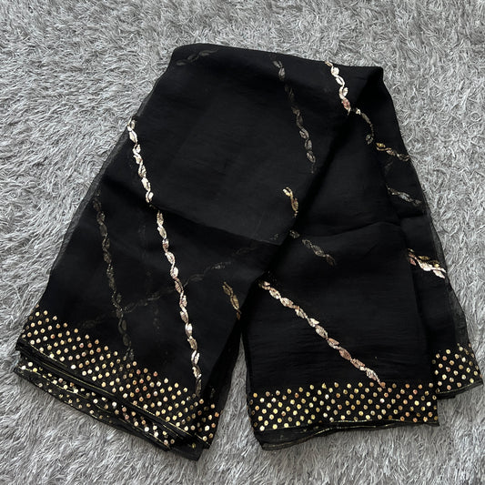 Black Pure Organza Saree with Badla and Mukaish Work
