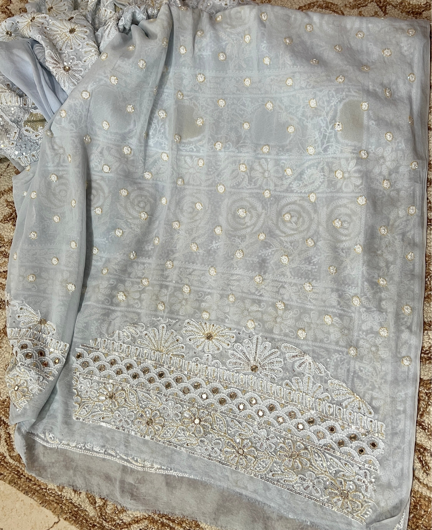Ruhani Powder Blue Chikankari Sequins Cut Dana Embroidered Masterpiece Saree