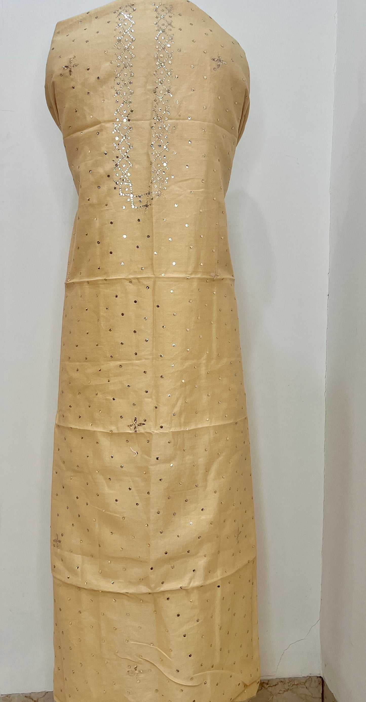 Creamish yellow Chanderi Silk Kurta Fabric with Allover Mukaish work
