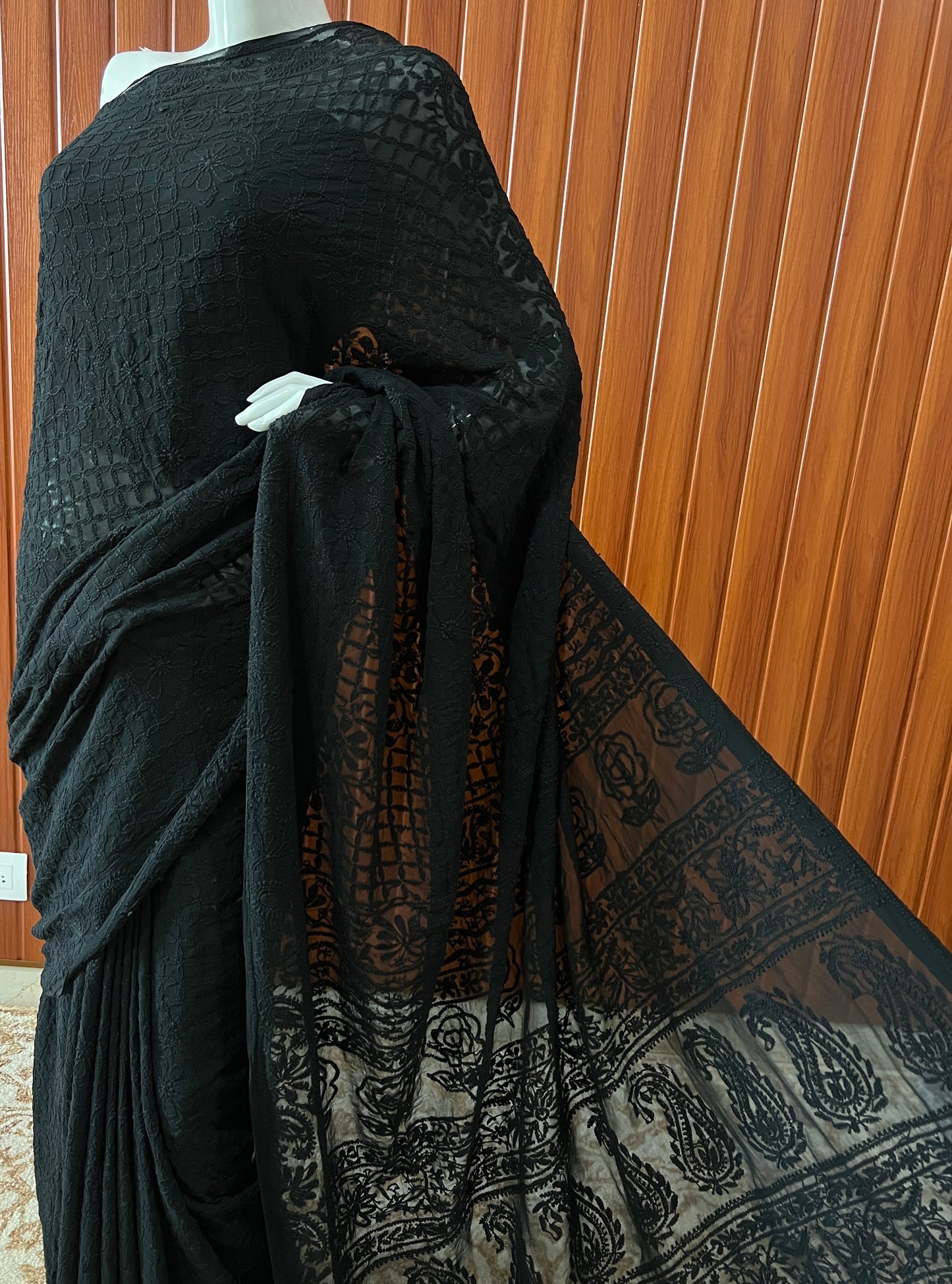Ruhani Black fine Chikankari Hand Embroidered Saree