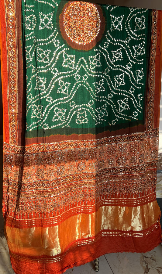 Rust and Green modal silk ajrakh and bandhej dupatta with heavy mukaish