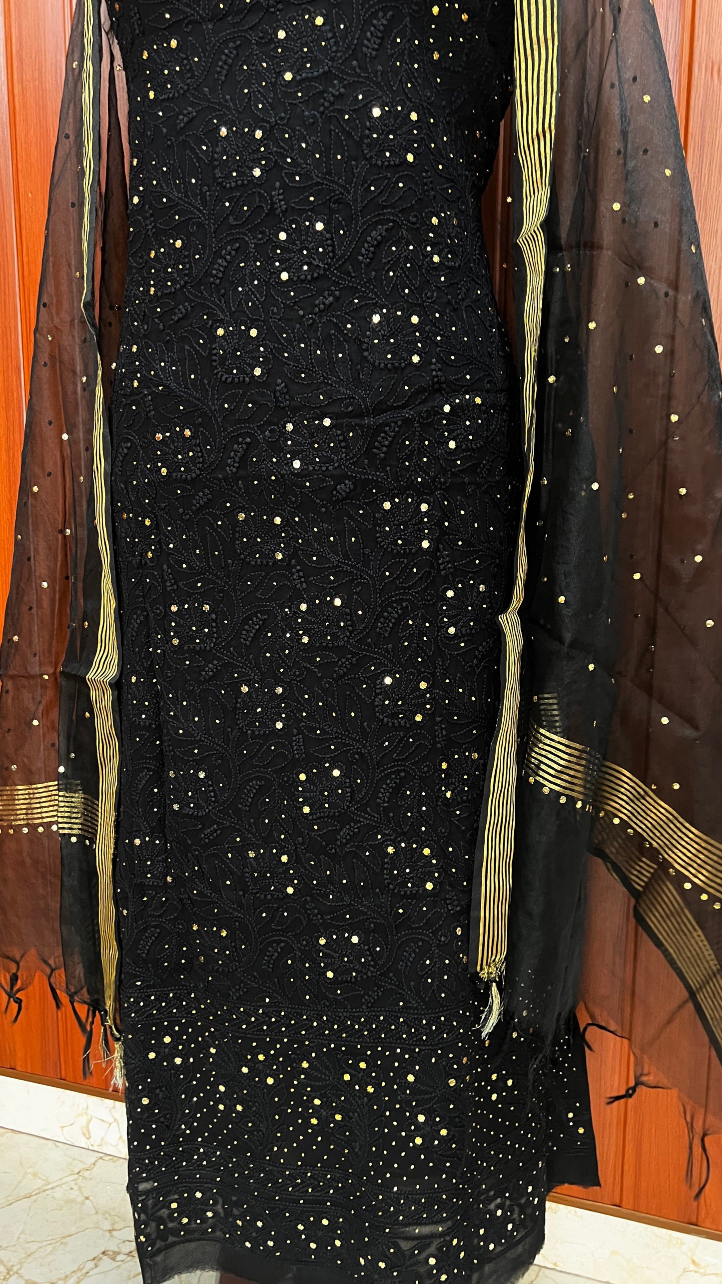 Black Chikankari and mukaish kurta with organza dupatta