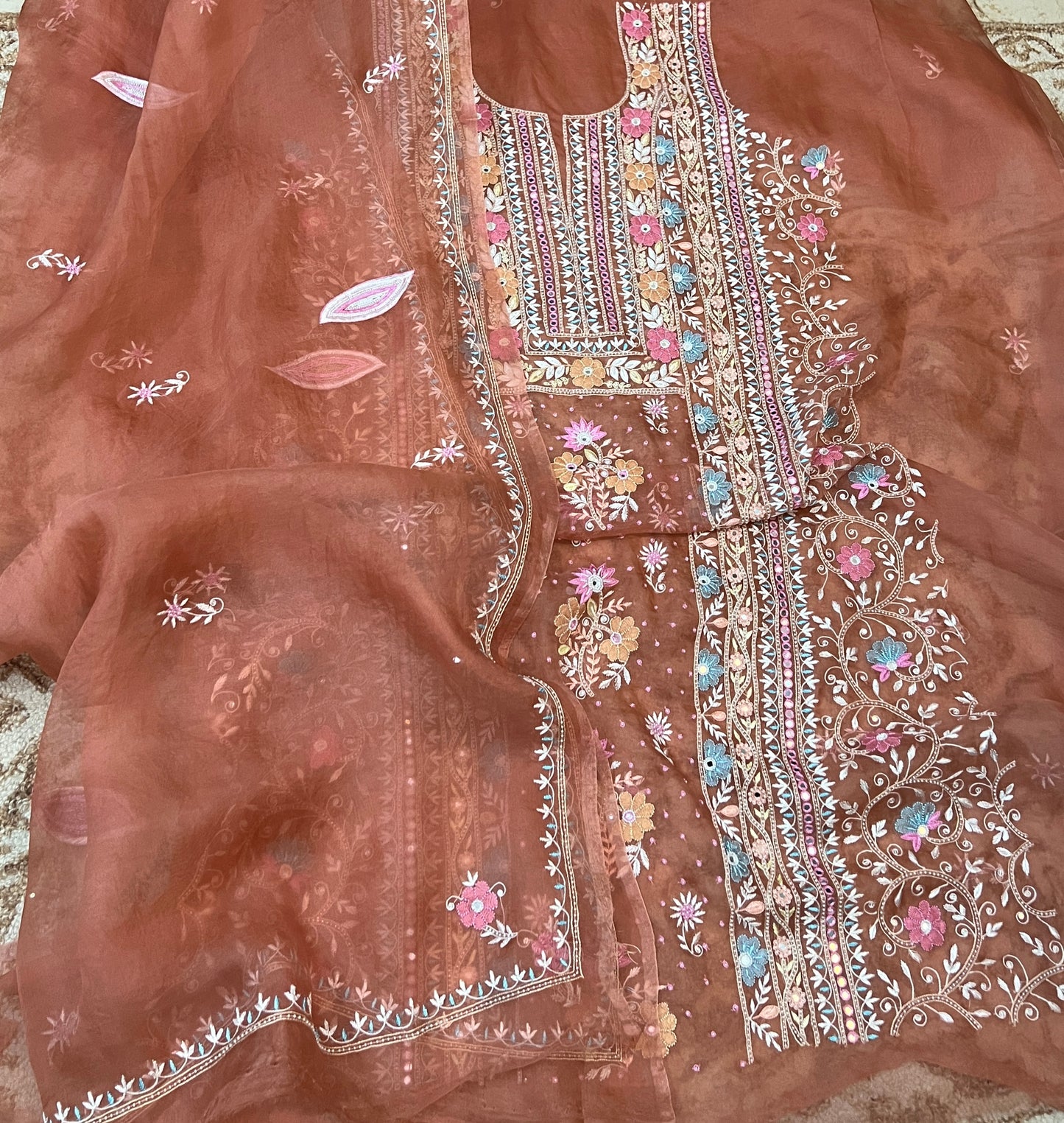 Ruhani Rusty Rose fine Chikankari pure Organza kurta with dupatta