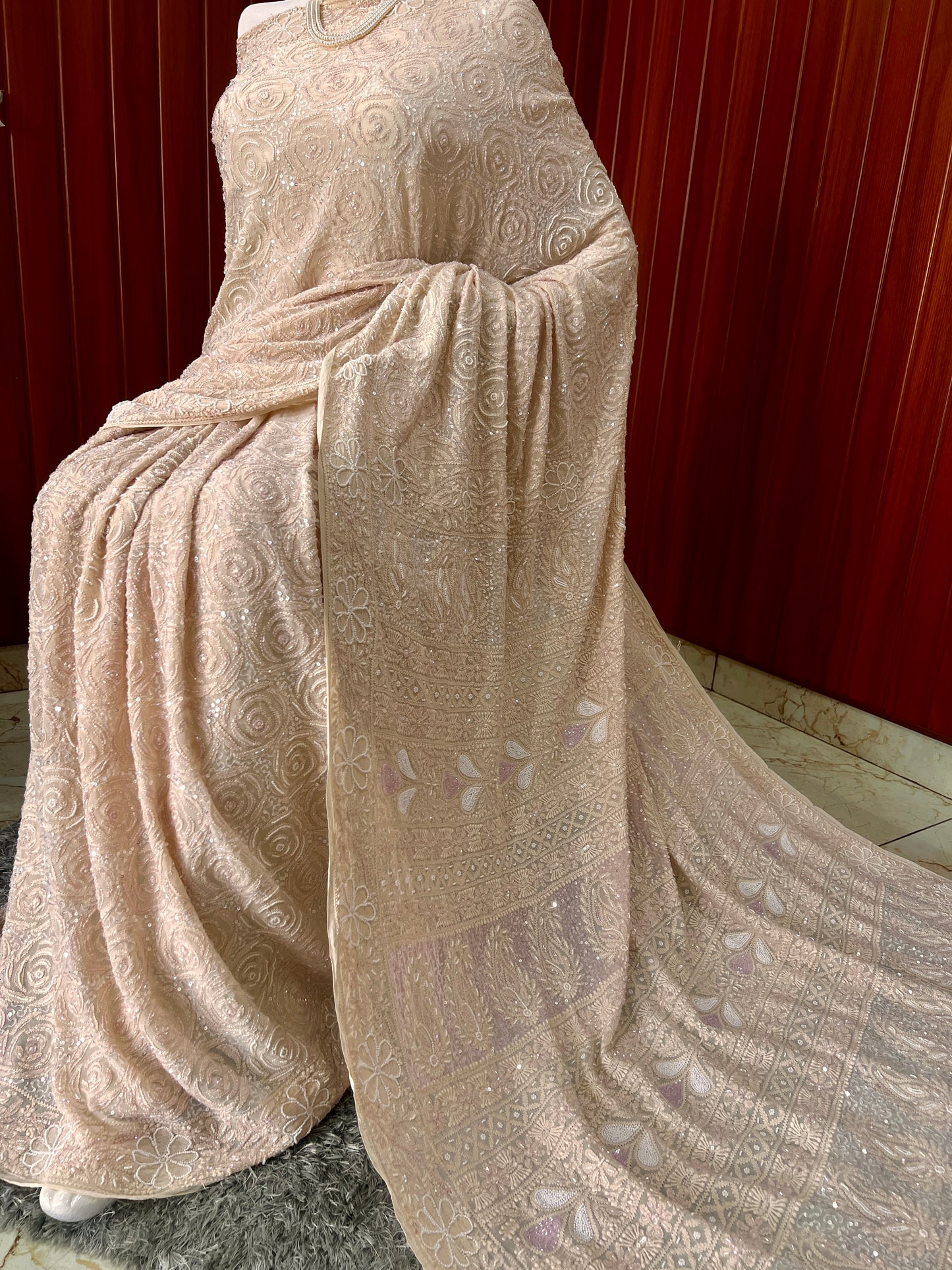 Ruhani Beige Chikankari Cut Dana and Sequins Saree