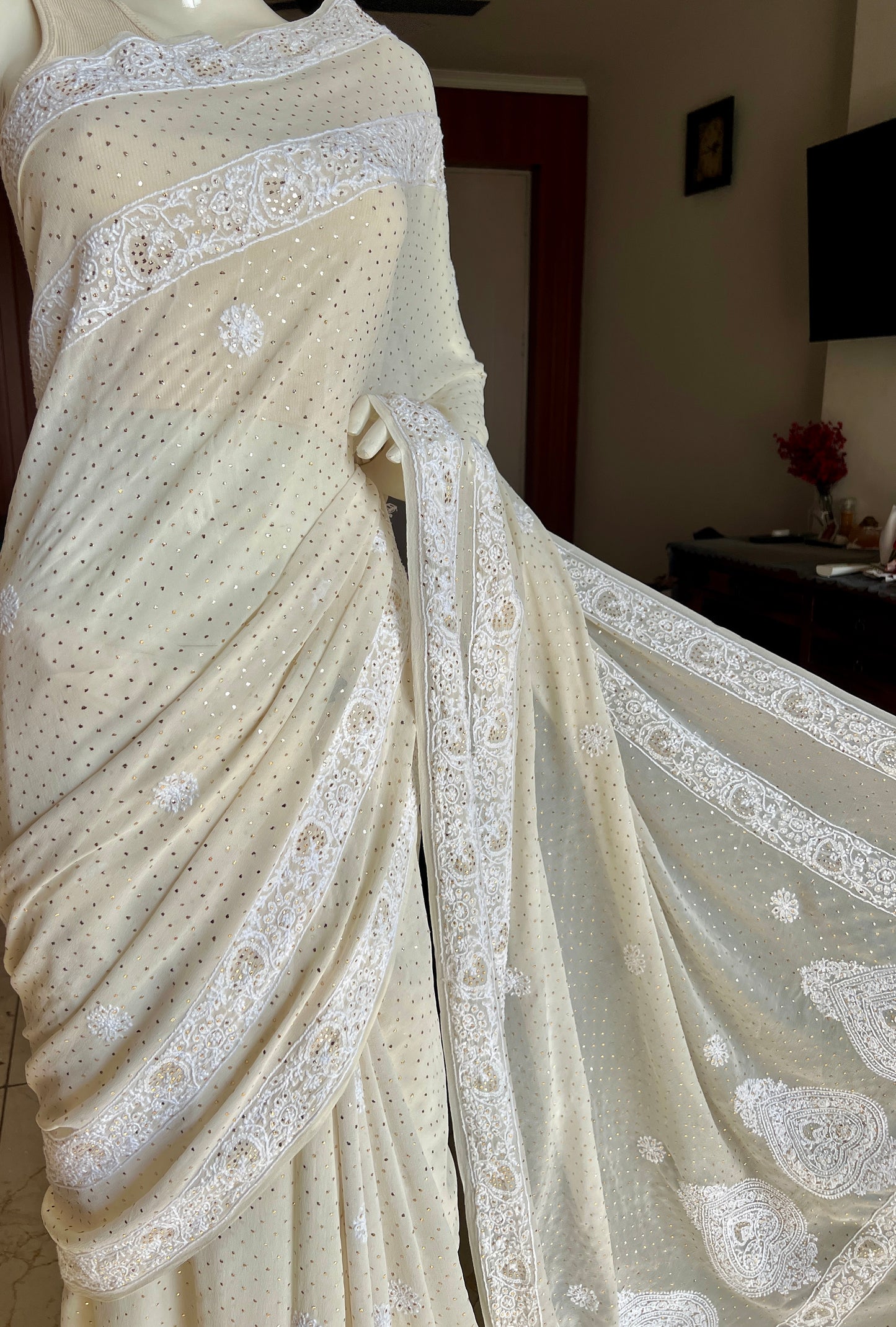 Ivory Ruhani Allover Fine Chikankari and Bareek Mukaish Saree