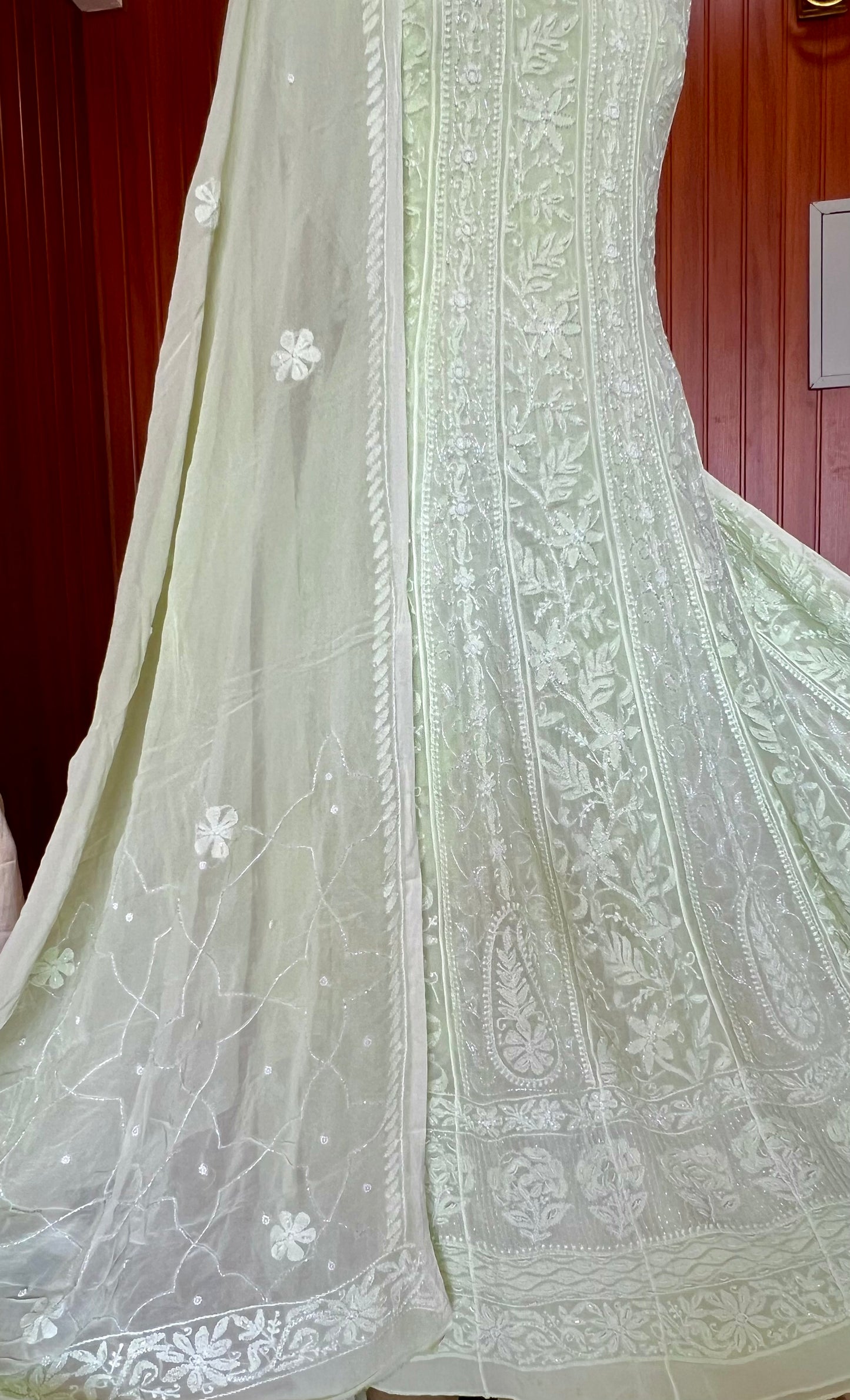 Lime green Chikankari Pearl Cut Dana Embroidered Anarkali with Dupatta