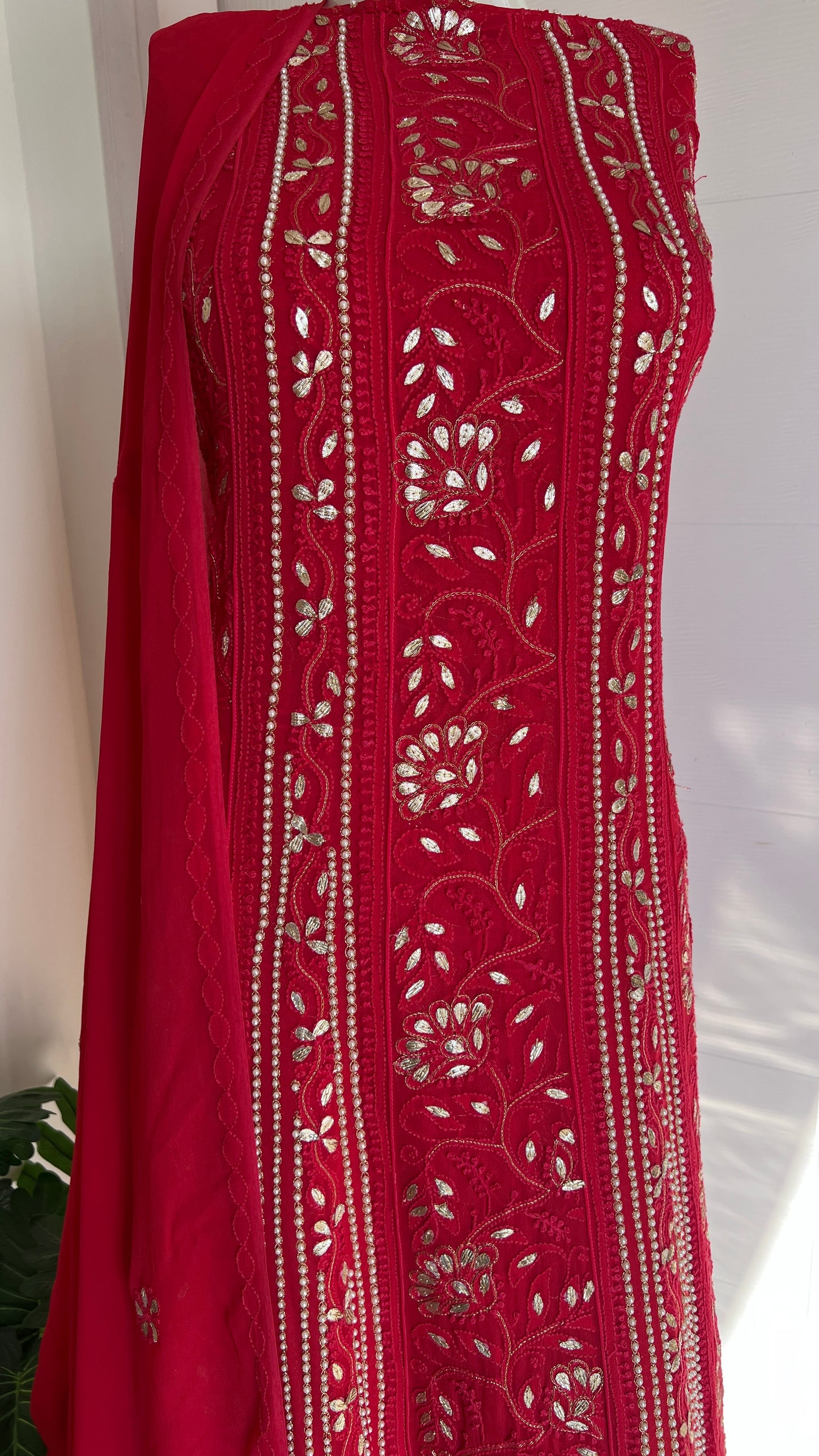 Red Chikankari pearl and Gota Patti Anarkali