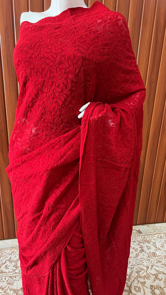 Ruhani Red fine Chikankari Hand Embroidered Saree