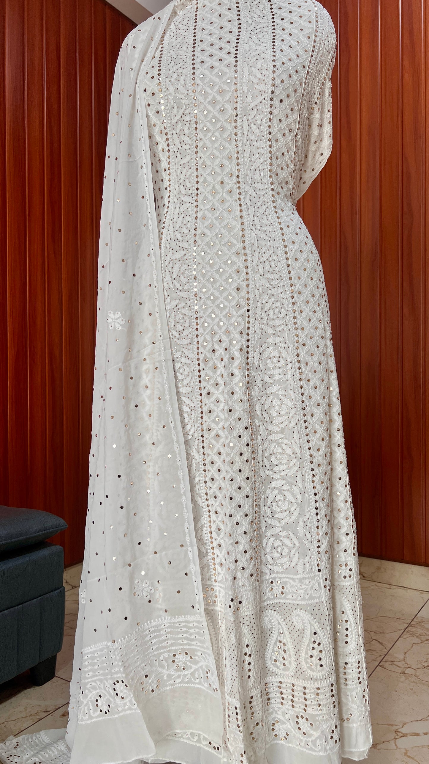 White allover Chikankari and mukaish anarkali with dupatta
