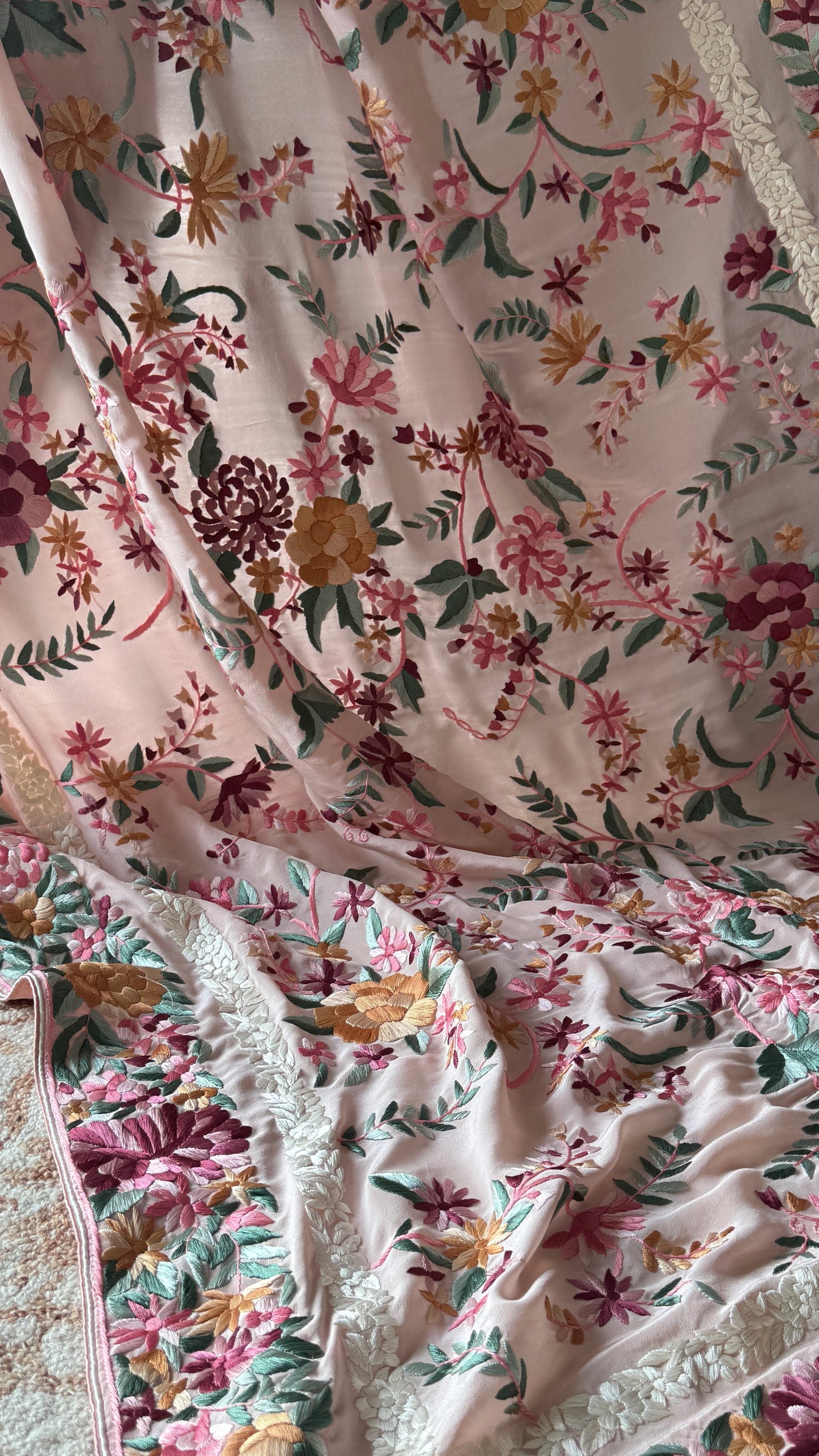 Blush Peach floral Masterpiece Parsi Gara Pure Crepe Saree