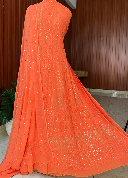 Orange allover Chikankari and mukaish anarkali with dupatta