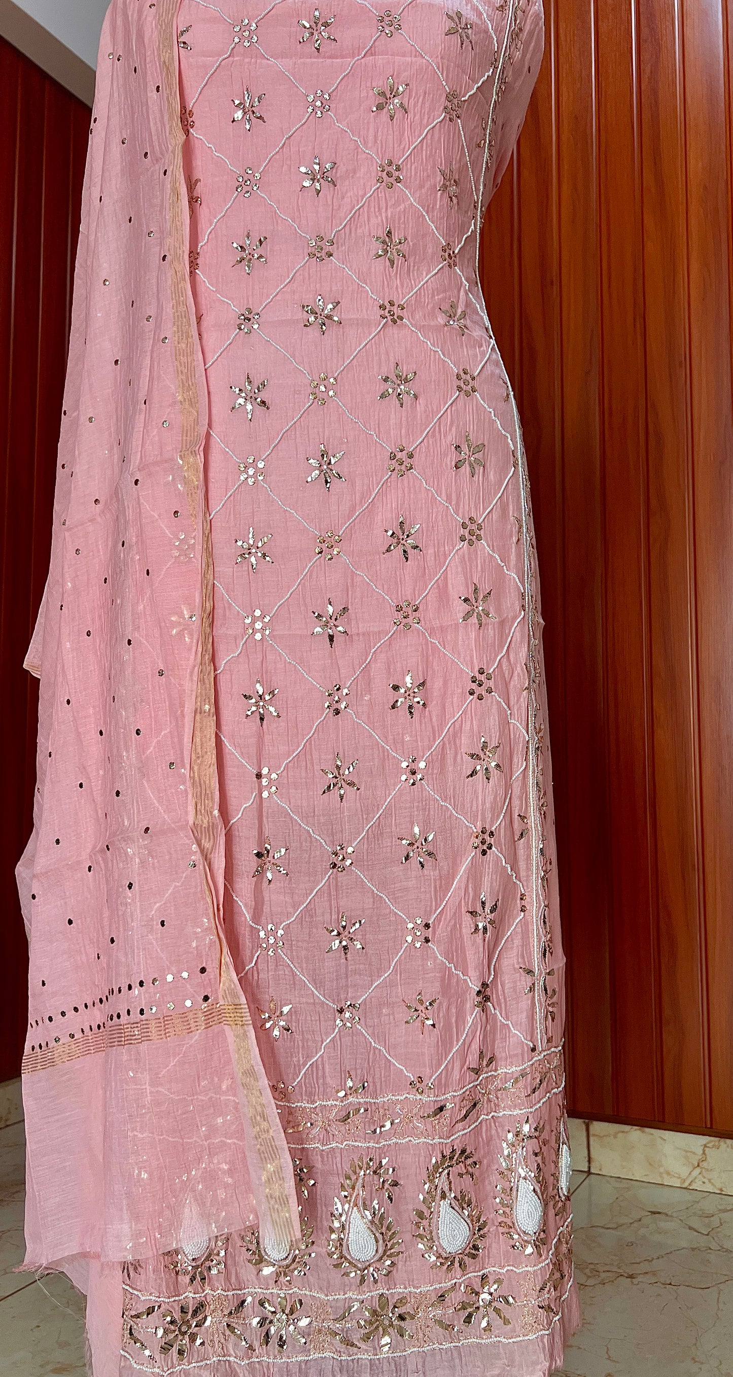 Rose Pink Badla Mukaish and pearl work mulmul kurta with dupatta