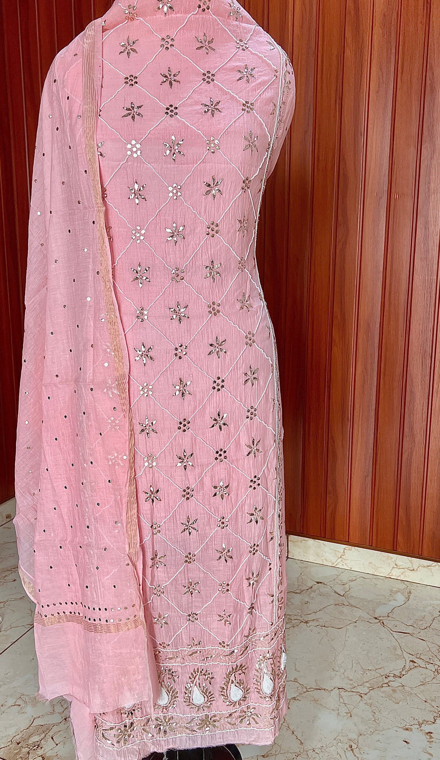 Rose Pink Badla Mukaish and pearl work mulmul kurta with dupatta
