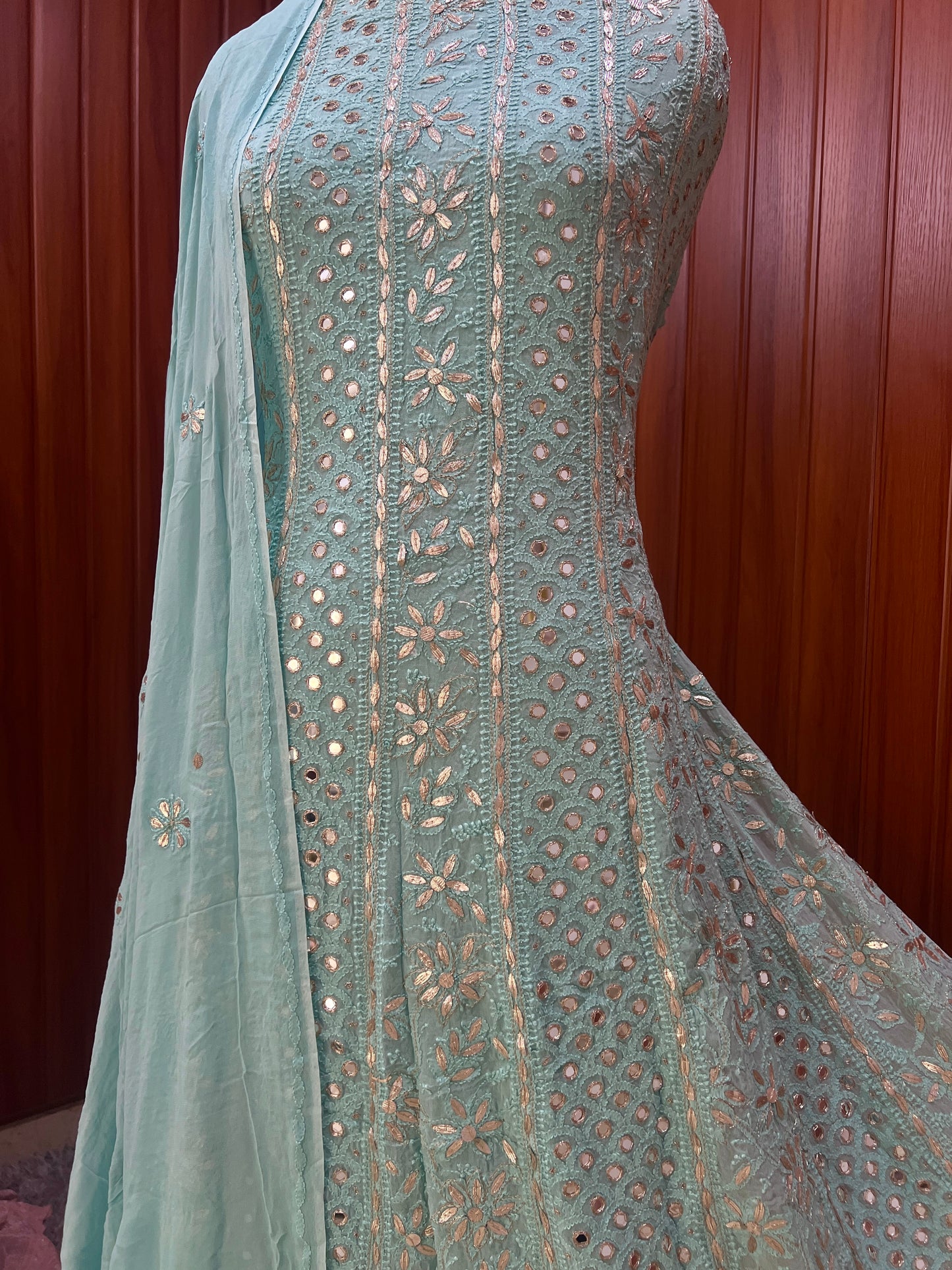 Cyan blue Chikankari Mirror Gota Patti Anarkali with Dupatta