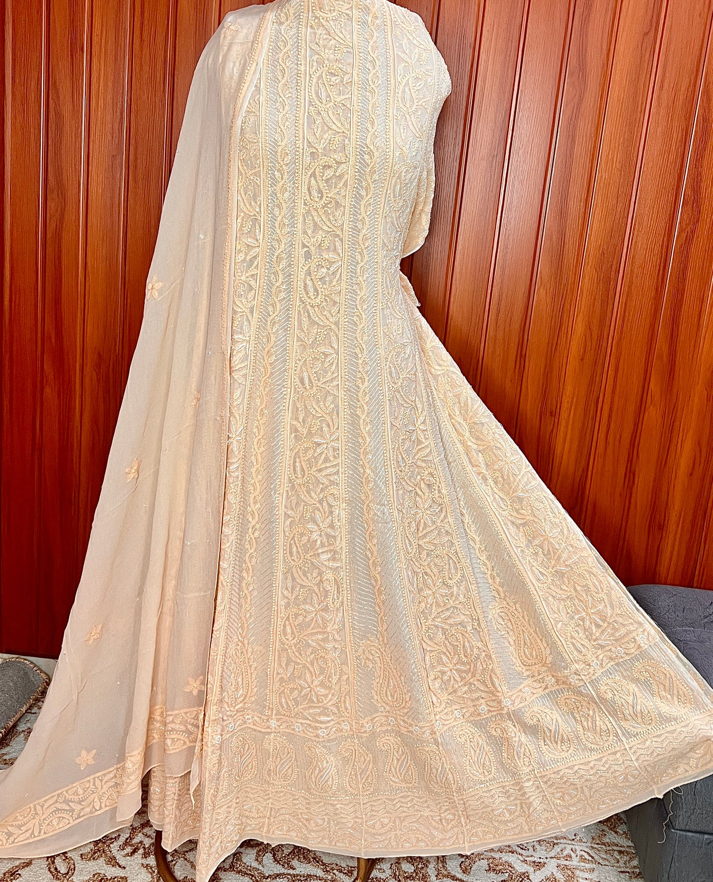 Beige Chikankari and Cut Dana Embroidered Anarkali with Dupatta