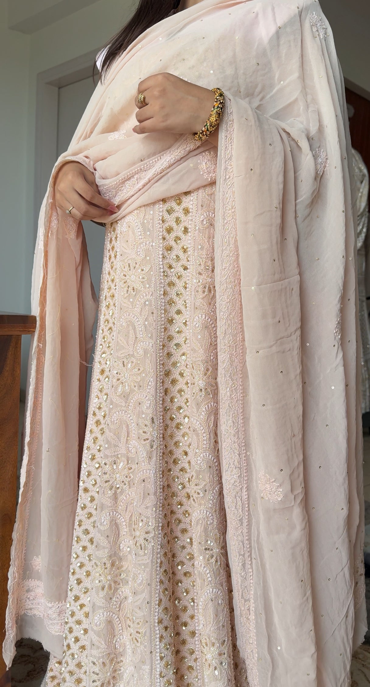 Ruhani Dusty Peach Chikankari Sequins and Cut Dana Anarkali