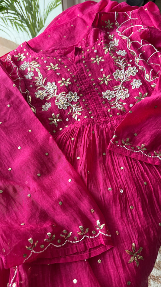 Hot Pink Badla Mukaish and pearl work Mul Chanderi Sharara Suit