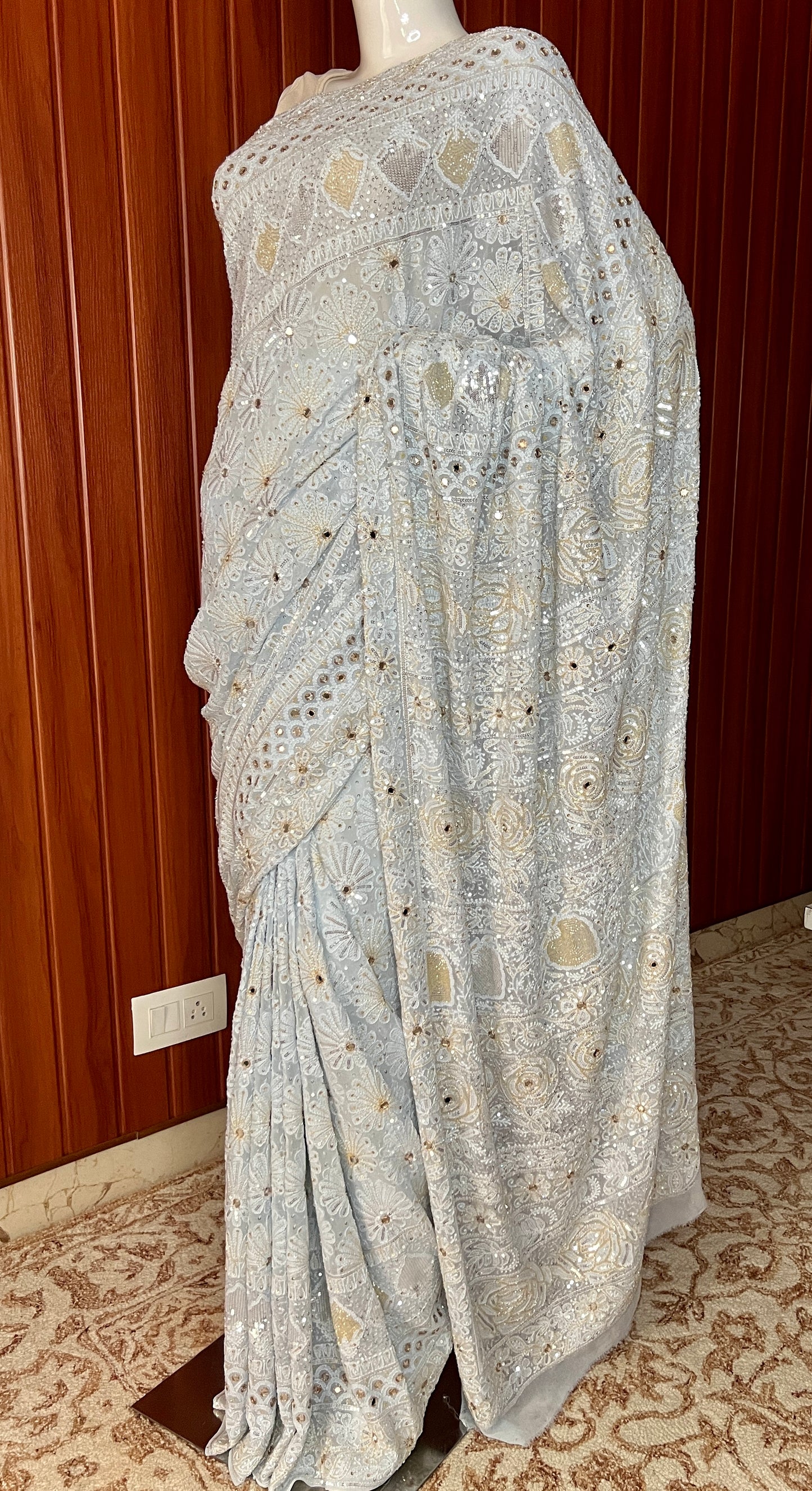 Ruhani Powder Blue Chikankari Sequins Cut Dana Embroidered Masterpiece Saree