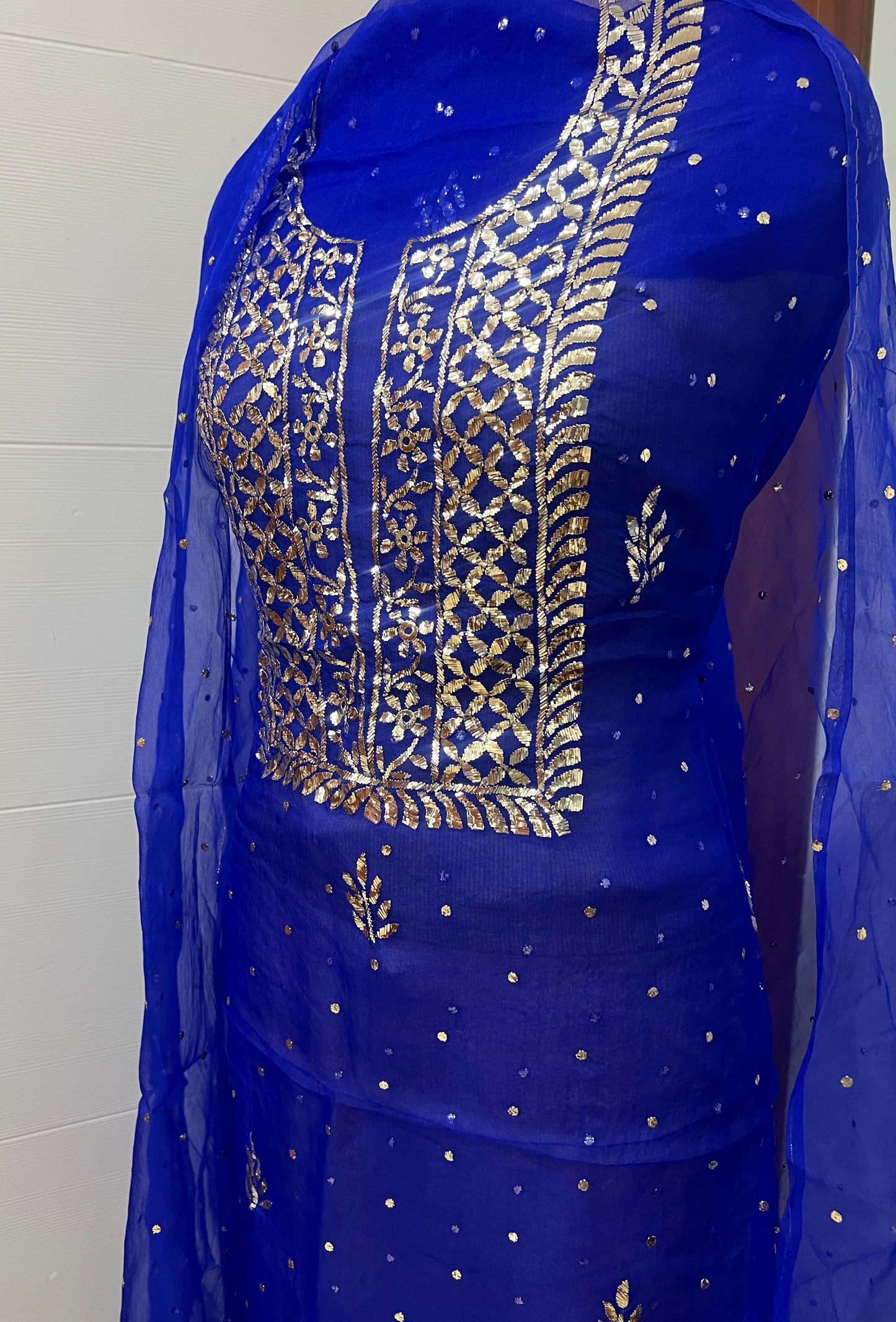 Azure Blue Badla and Mukaish work pure Organza kurta with dupatta