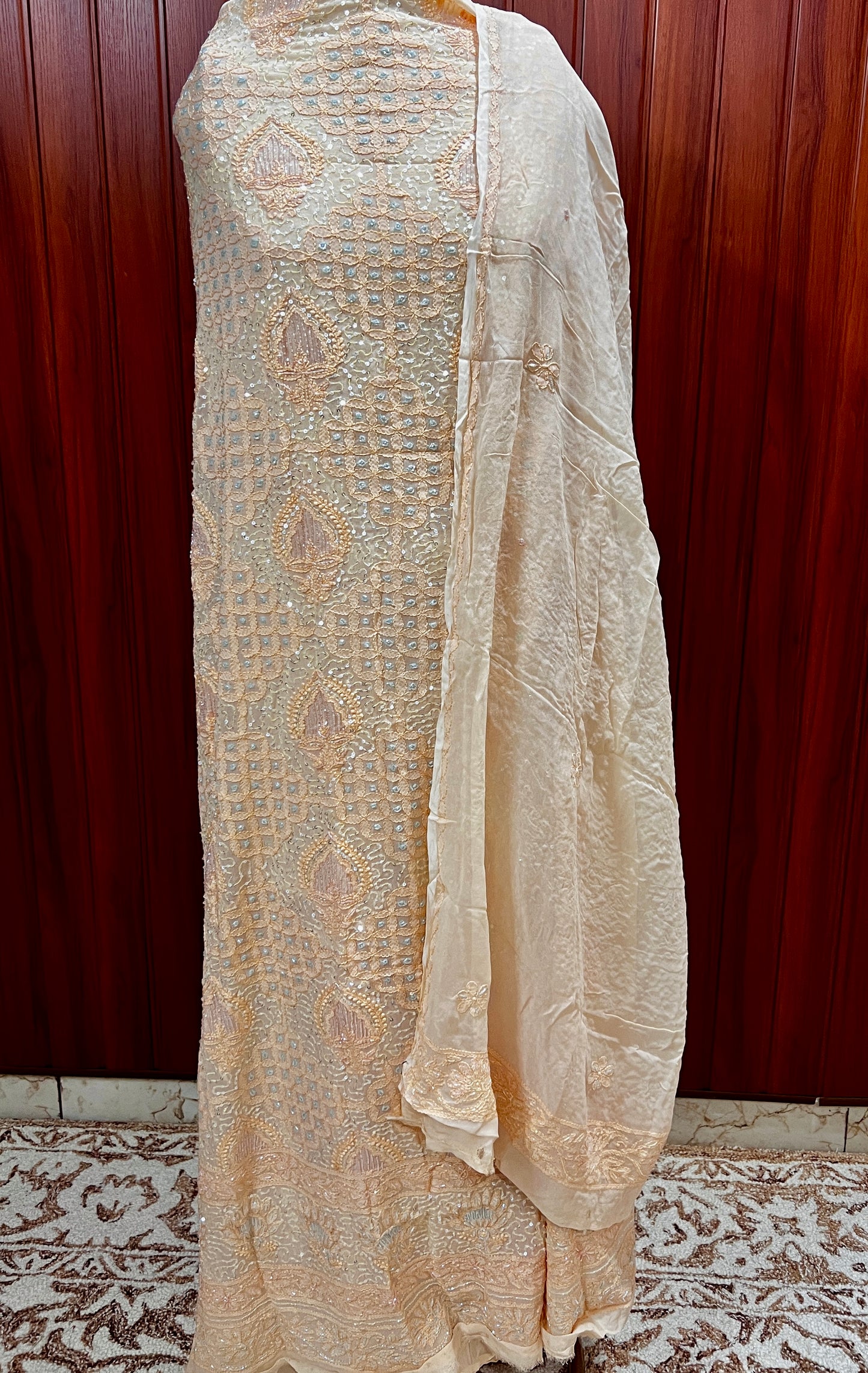 Peachish Orange Chikankari Cut Dana and sequins Kurta and Dupatta