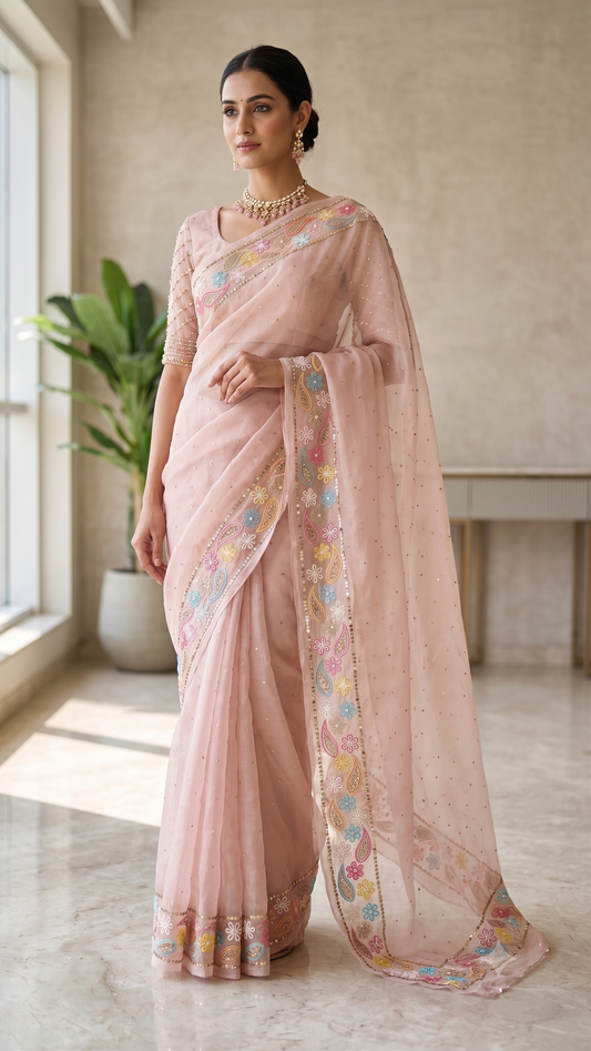 Ruhani Dusty Pink Pure Organza Saree with Allover Mukaish and multicolored border