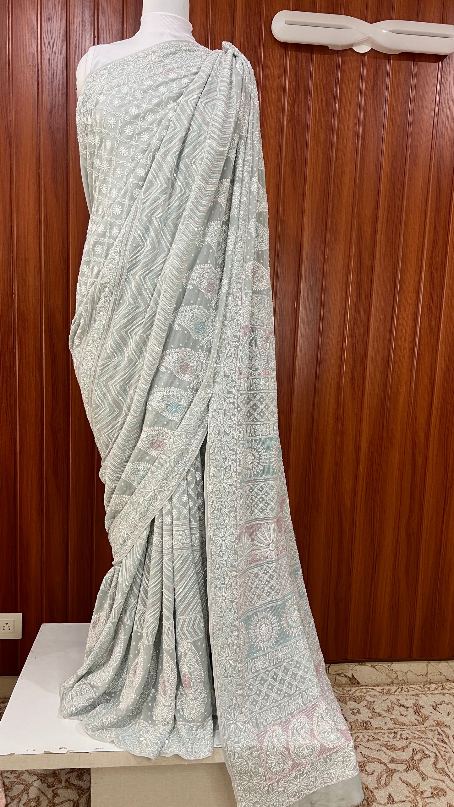Ruhani Sage Blue Chikankari Cut Dana and Sequins Saree