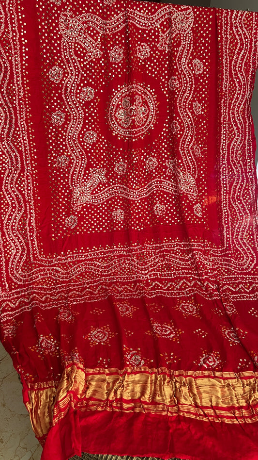 Red Gajji Silk Bandhej dupatta with mukaish work