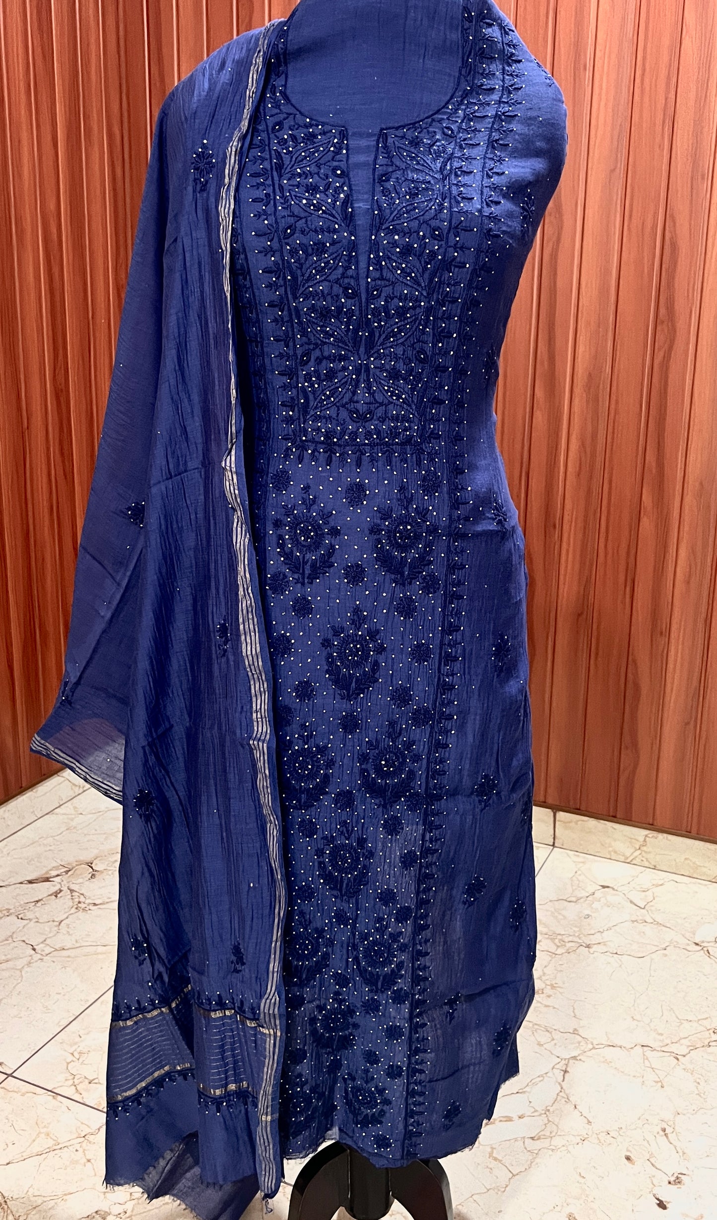 Navy blue Mulmul fine Chikankari kurta & dupatta set