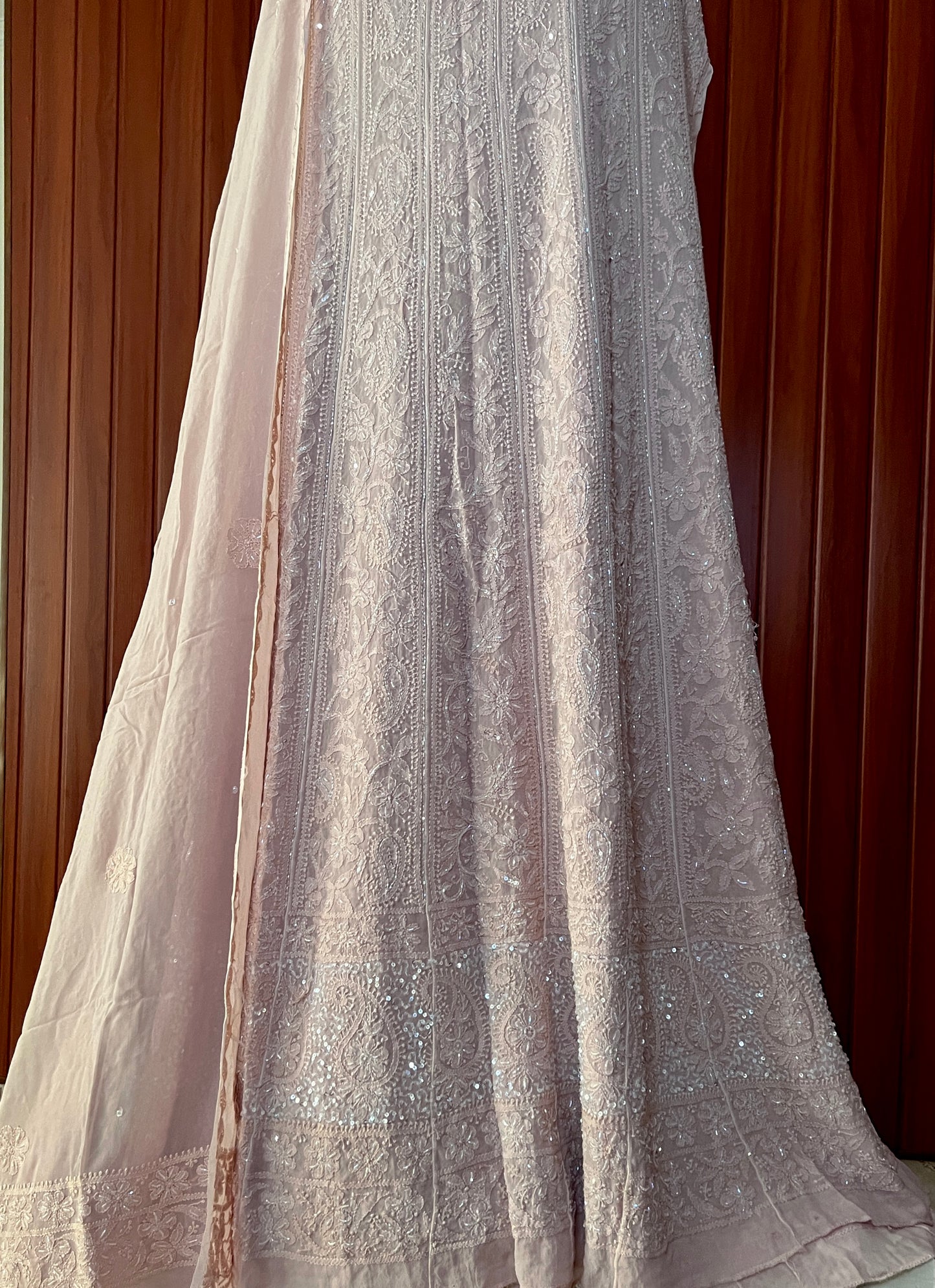 Dusty pink Chikankari and Cut Dana Embroidered Anarkali with Dupatta