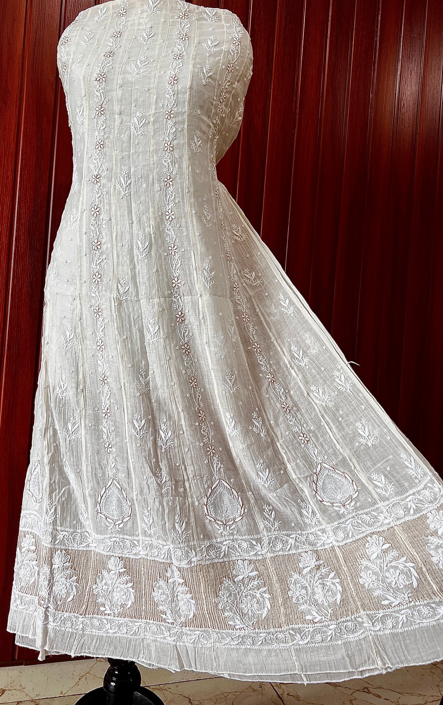 Mul Chanderi Anarkali with chikankari and pearl work