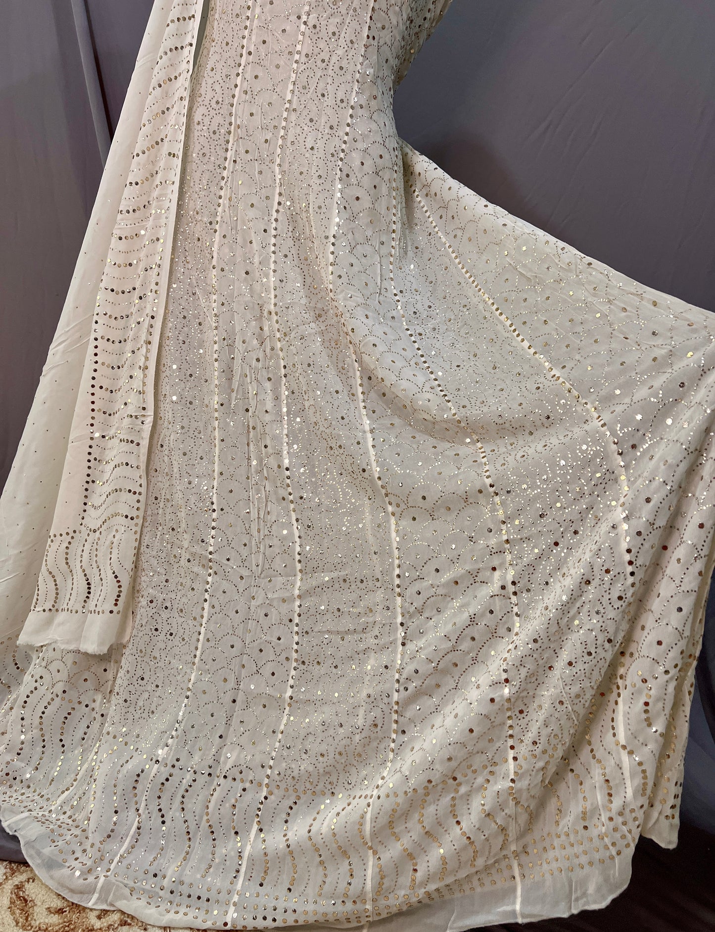 Ivory designer Mukaish Georgette Anarkali with Dupatta