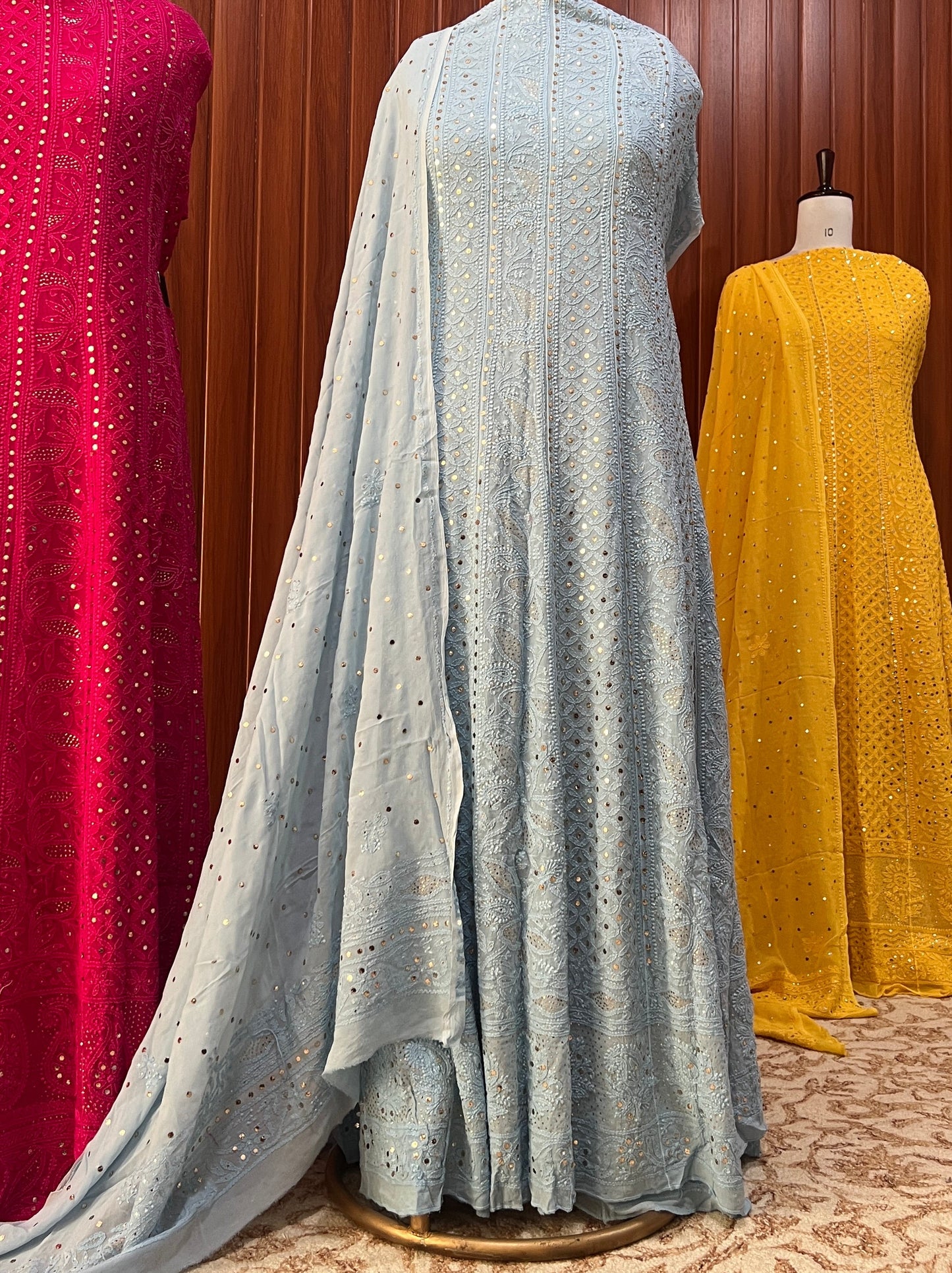 Sky Blue allover Chikankari and mukaish anarkali with dupatta