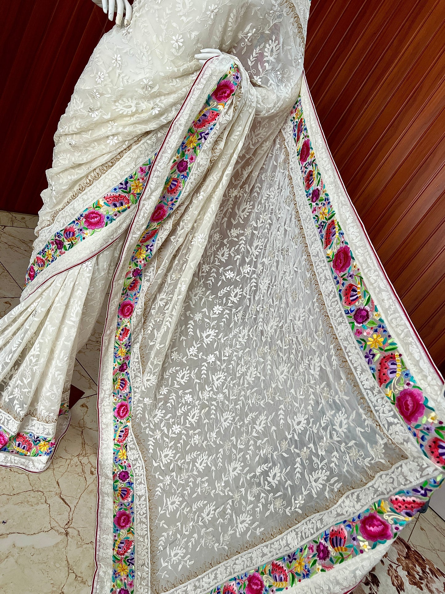Ivory Pure Georgette saree with allover shadow work and masterpiece parsi gara border