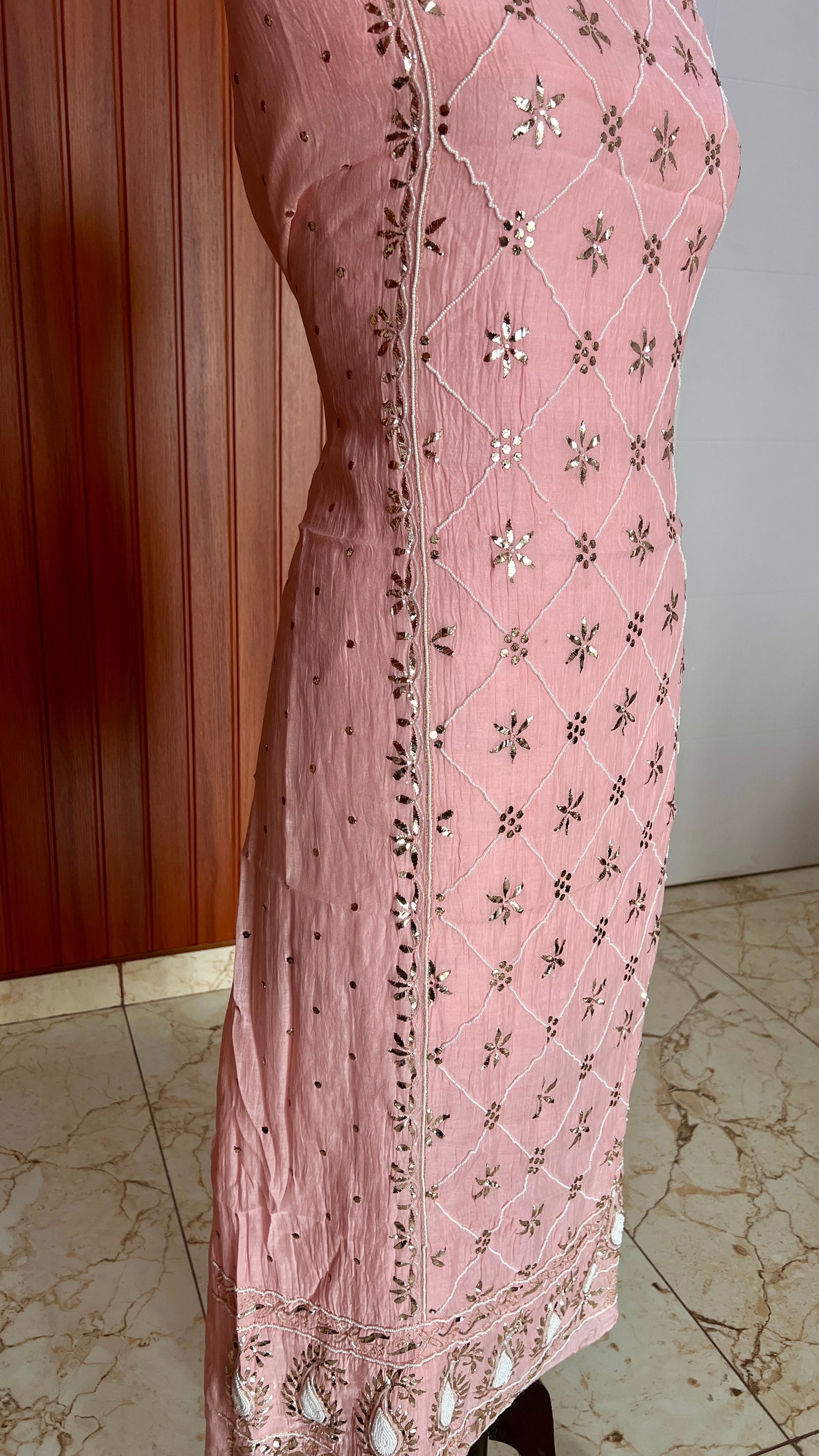 Rose Pink Badla Mukaish and pearl work mulmul kurta with dupatta