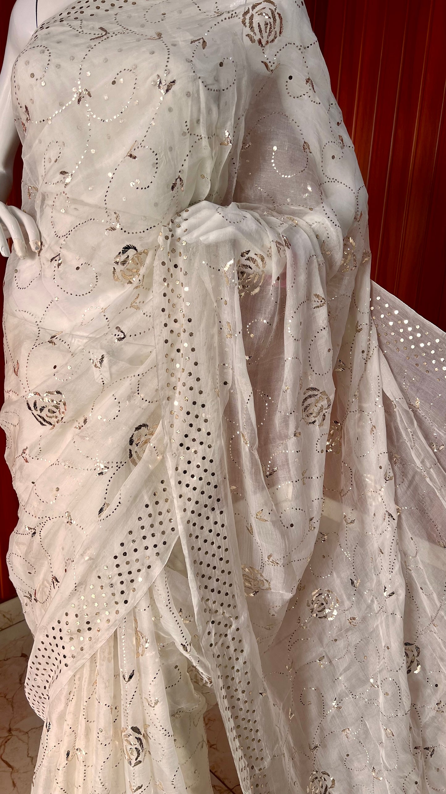 Ruhani Ivory Pure Organza Saree with Allover Badla and Mukaish Work