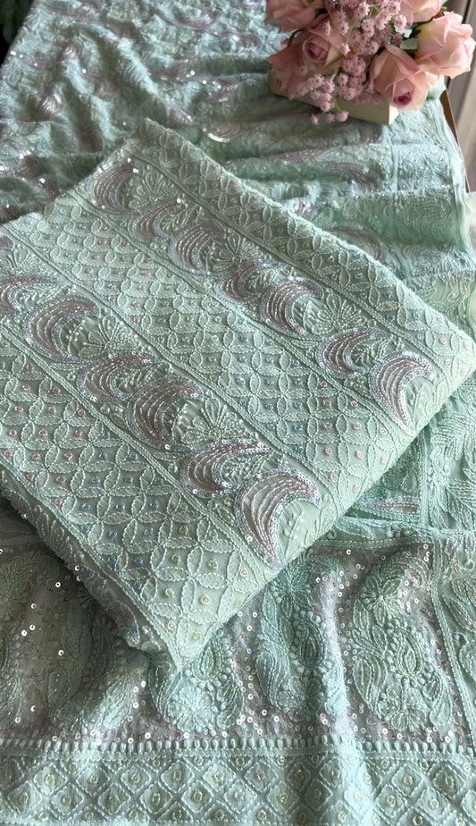 Mint Green Chikankari multi cut Dana and Sequins work Kurta with Jaal Dupatta
