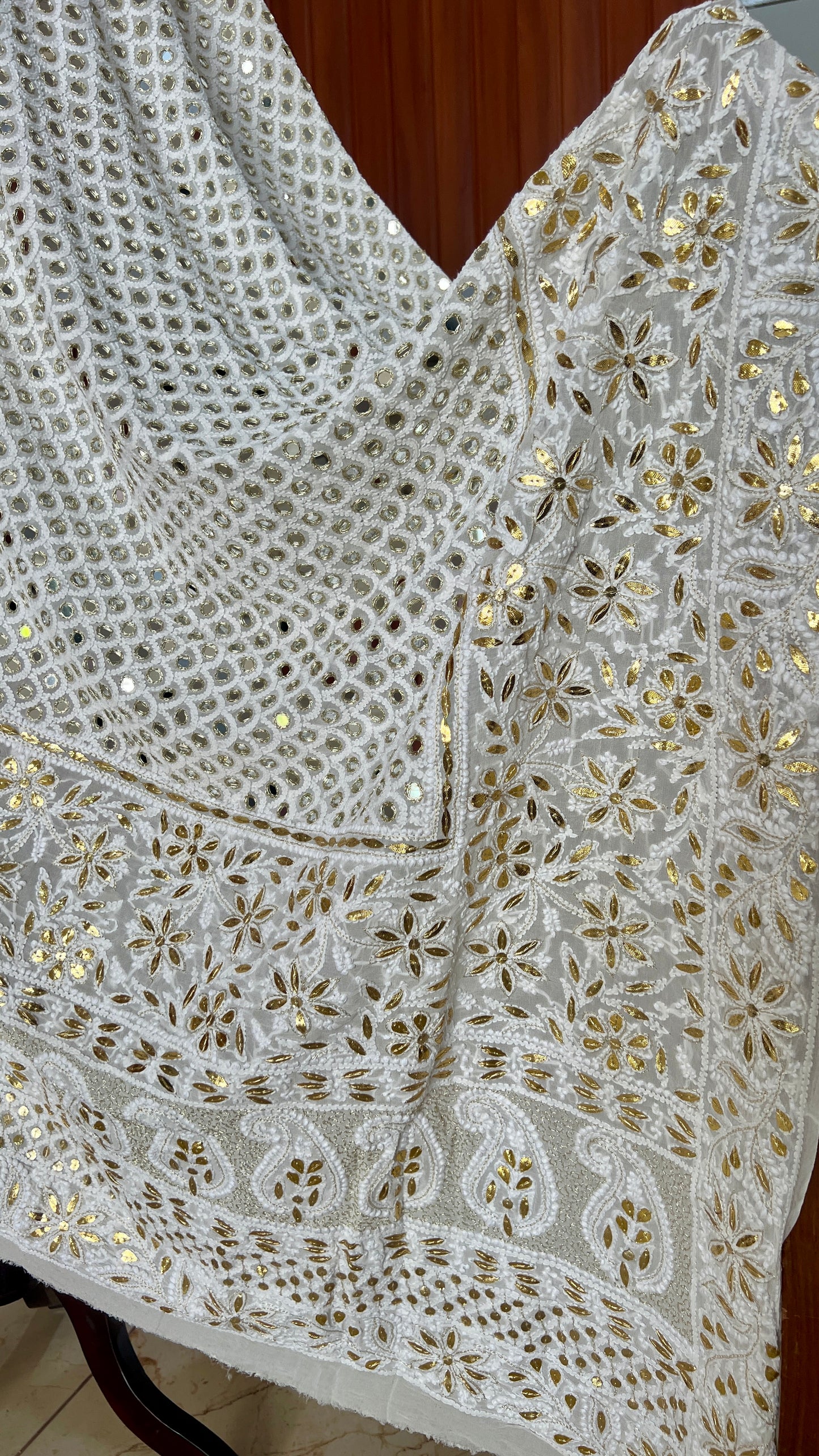 Ruhani Ivory Chikankari Mirror and olden Gota Patti Pure Georgette Wedding Dupatta