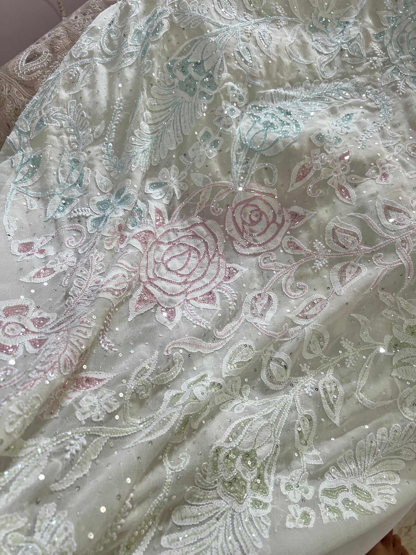Ruhani Ivory Chikankari multicolored Cut Dana and Sequins Saree