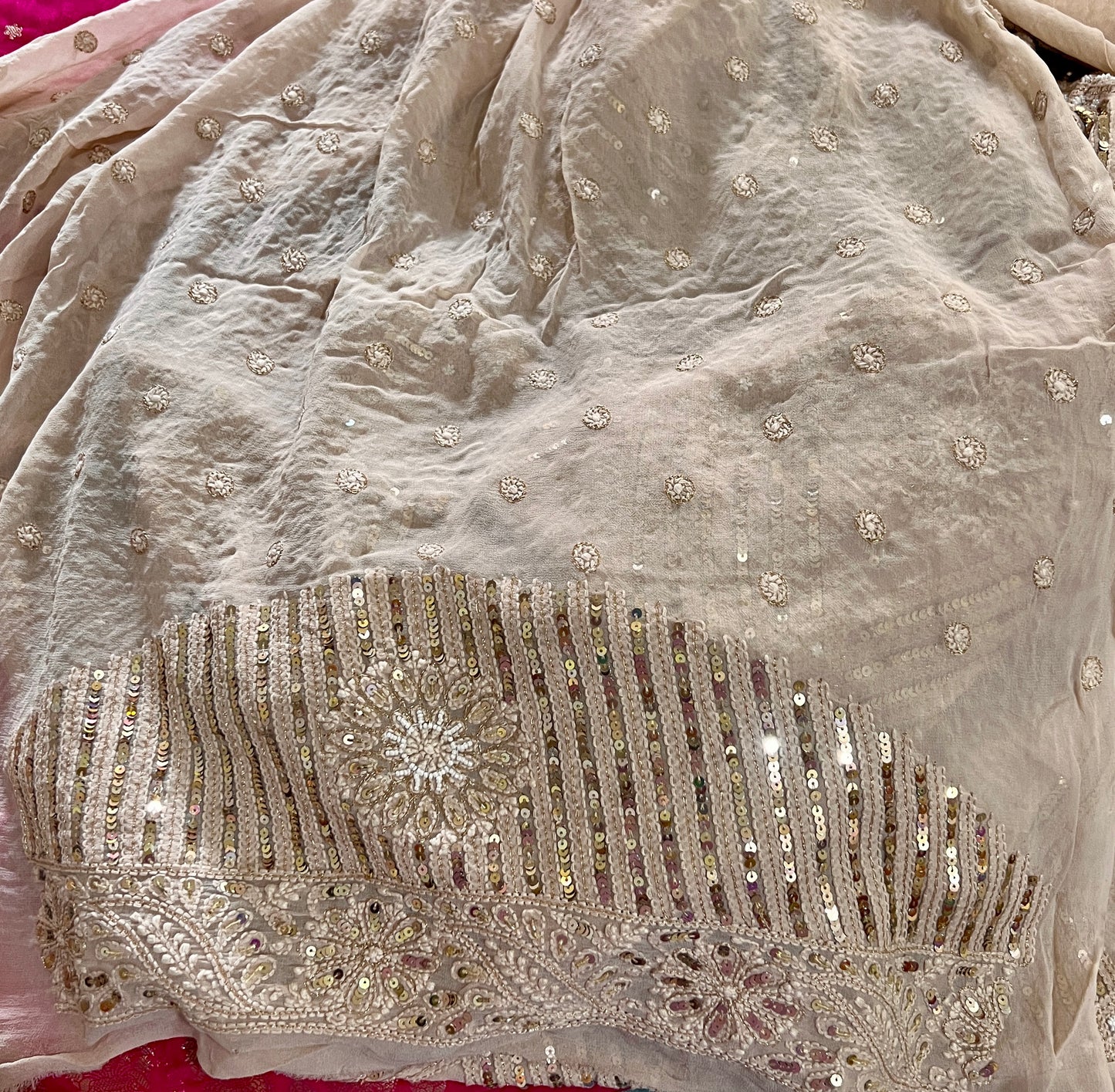 Ruhani Powder brown Chikankari Saree with Sequins Pearl and Aari Embroidery