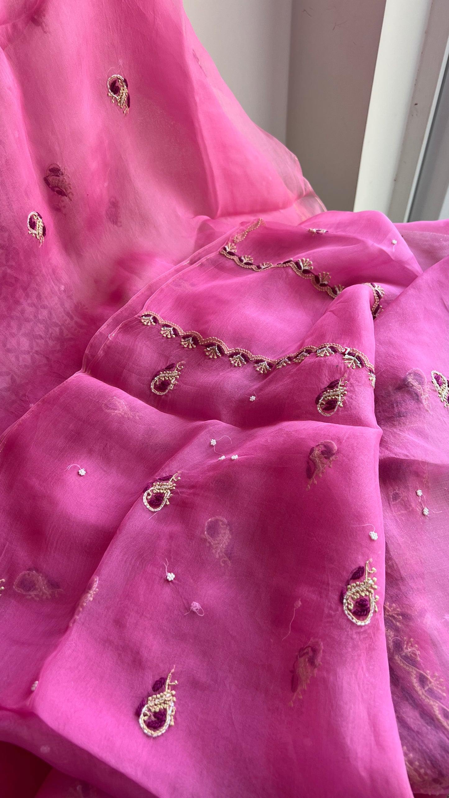 Mauvish pink Chikankari pearl sequins pure Organza kurta with dupatta