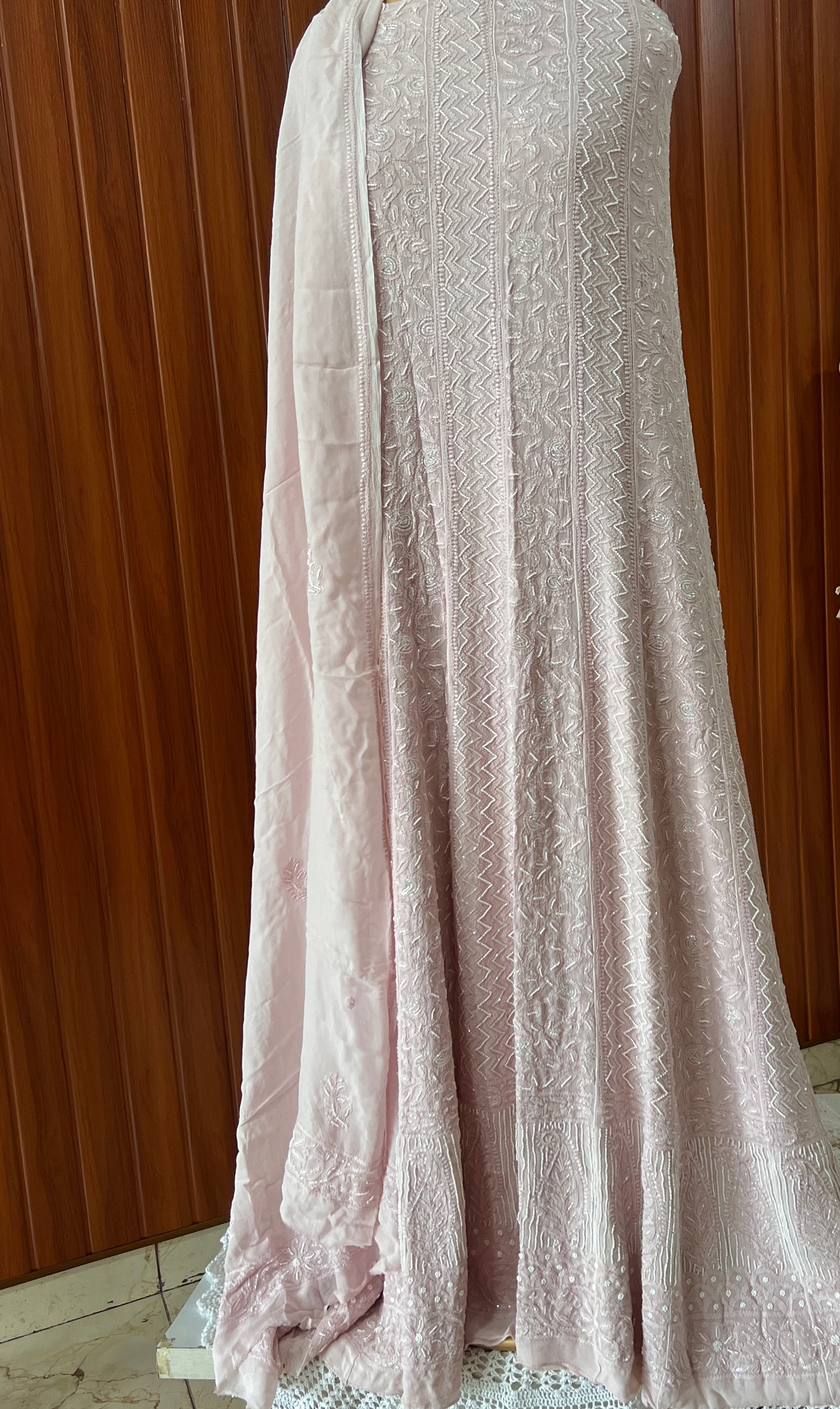 Powder pink Chikankari Cut Dana and pearl Anarkali with Dupatta