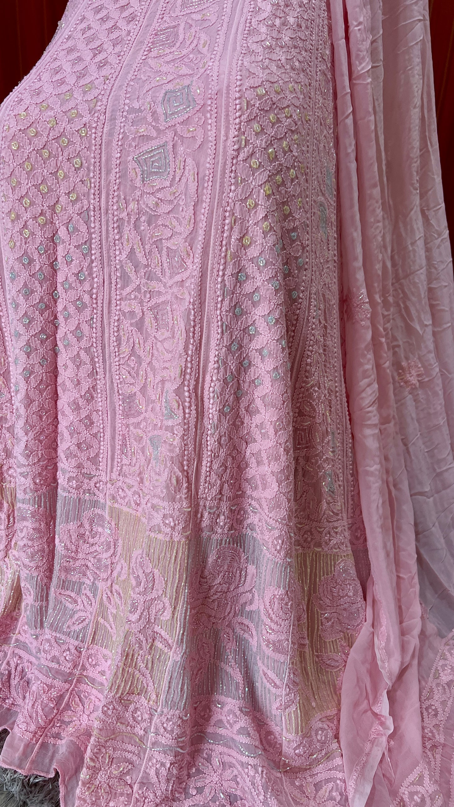 Pink Chikankari and Cut Dana Embroidered Anarkali with Dupatta