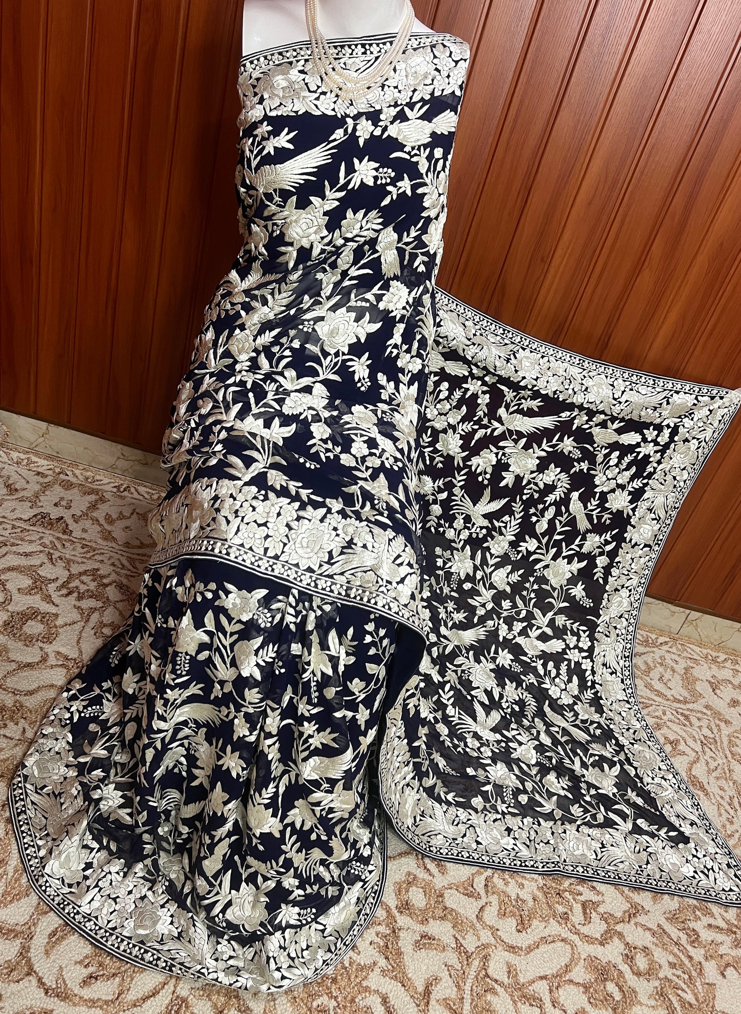 Midnight Blue Parsi Gara Masterpiece Saree