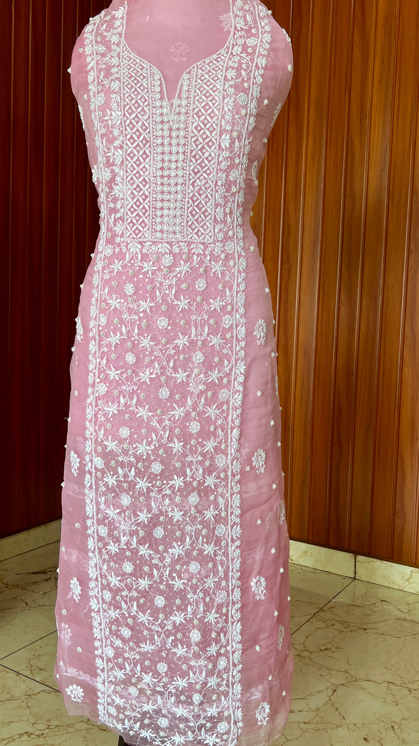 Pink Chikankari and pearl work pure Organza kurta with dupatta