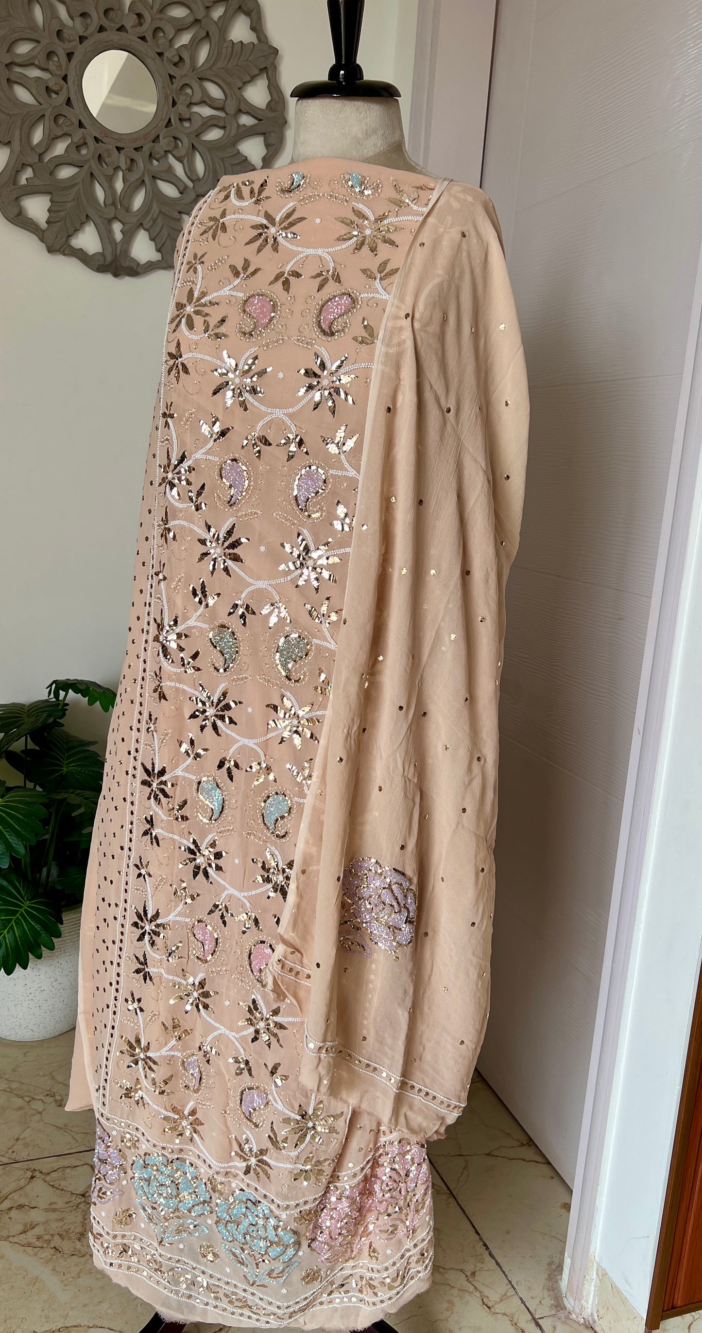 Beige Ruhani Mukaish and Cut dana Embroidered Kurta & Dupatta Set