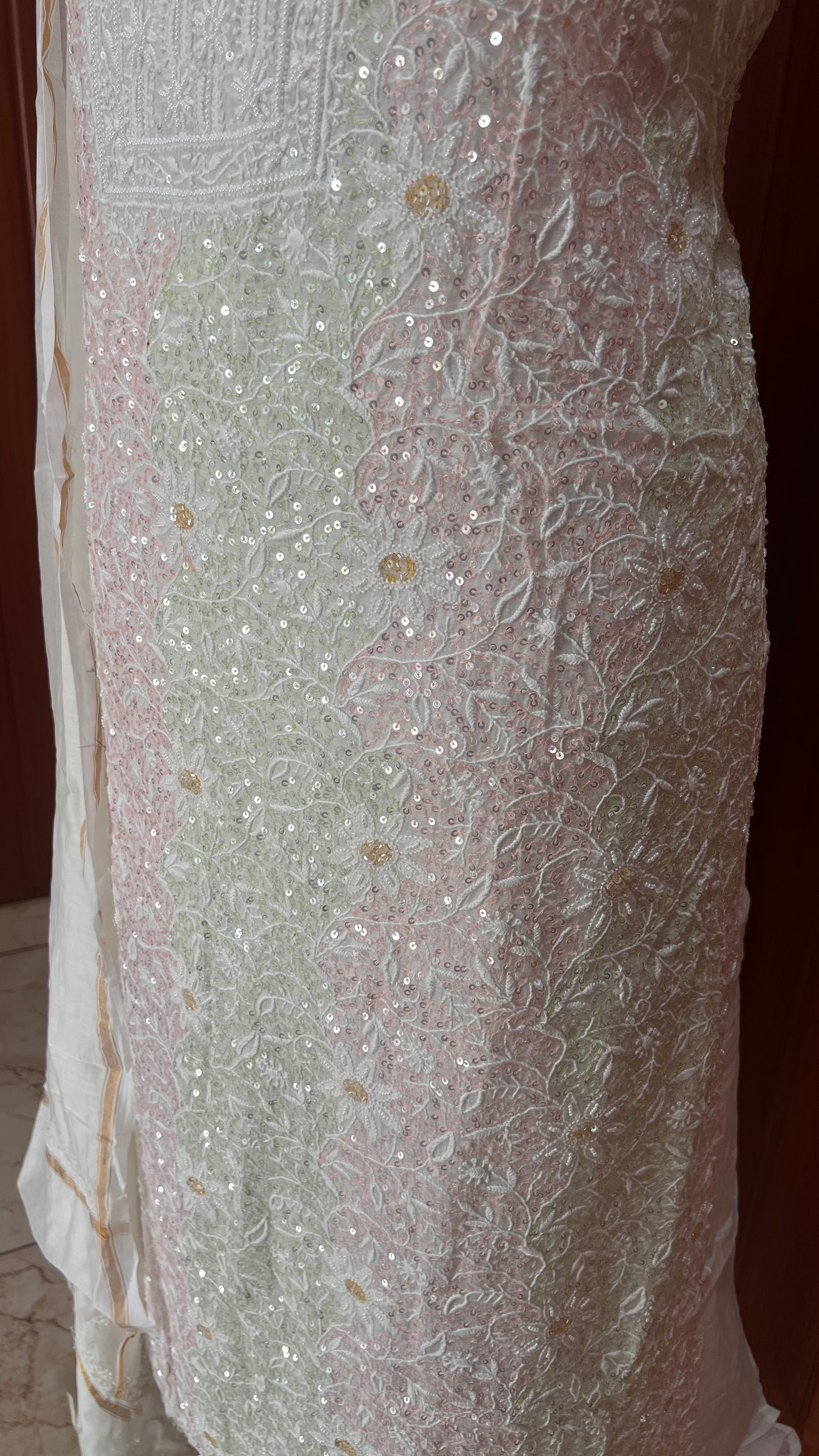 Multicolored chikankari and sequins Mulmul Kurta with Dupatta